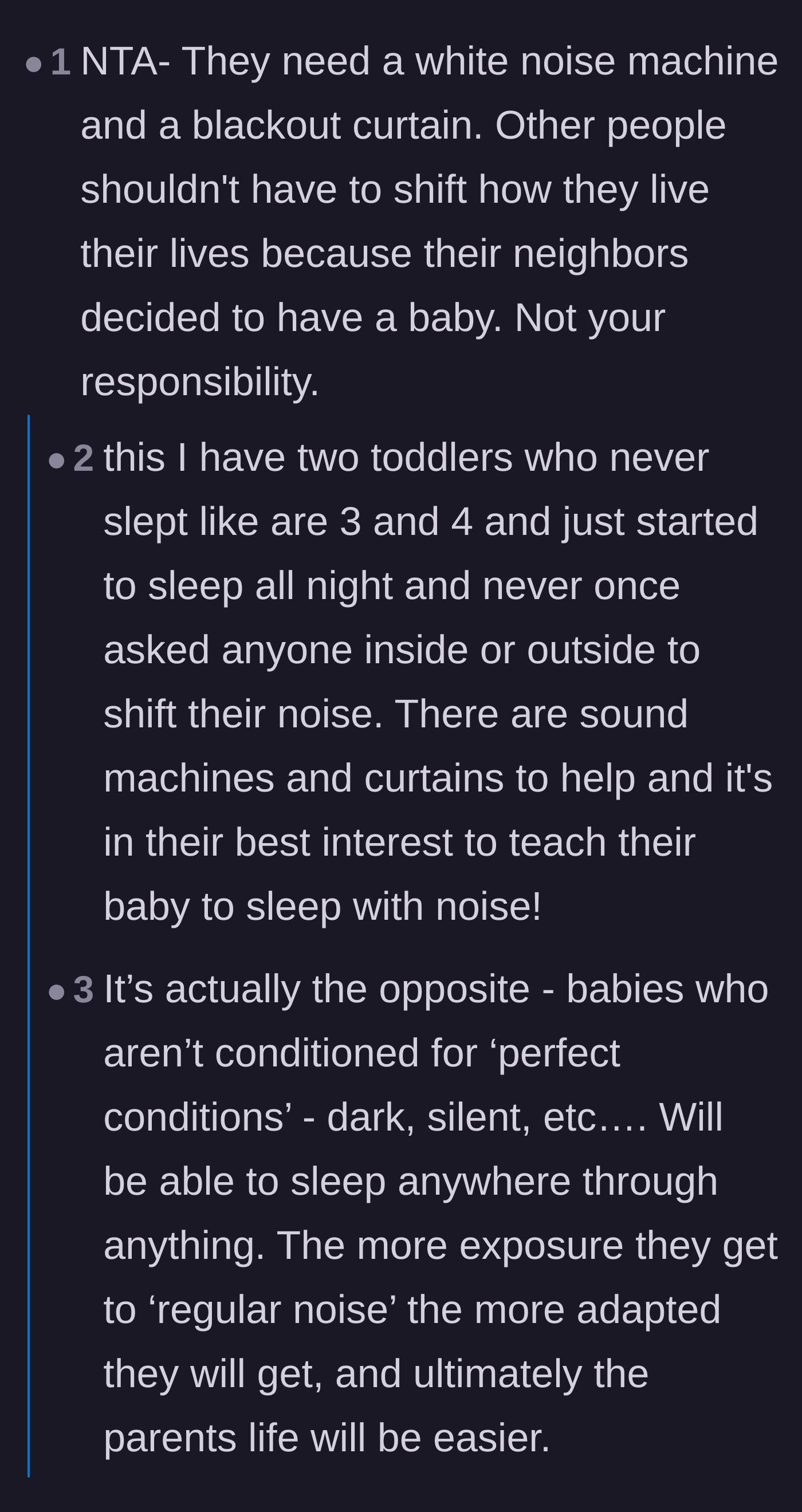 Comment thread 2 - Discussion on how creating perfectly silent environments actually prevents babies from learning to sleep through normal disturbances.