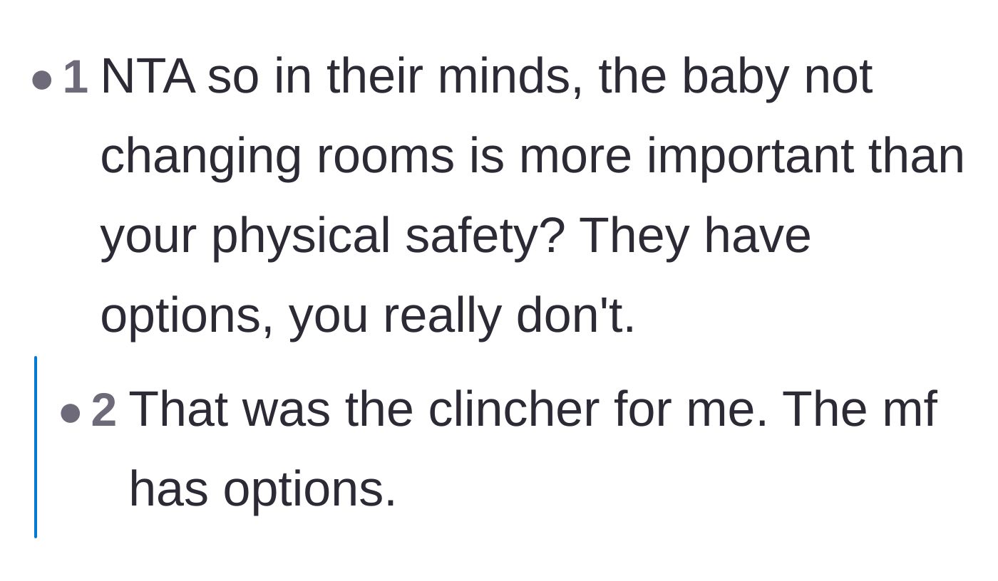 Comment thread 4 - Highlighting the fundamental imbalance between the parents having room-switching options and the main character risking her personal safety.
