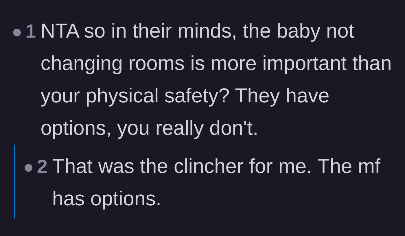 Comment thread 4 - Highlighting the fundamental imbalance between the parents having room-switching options and the main character risking her personal safety.