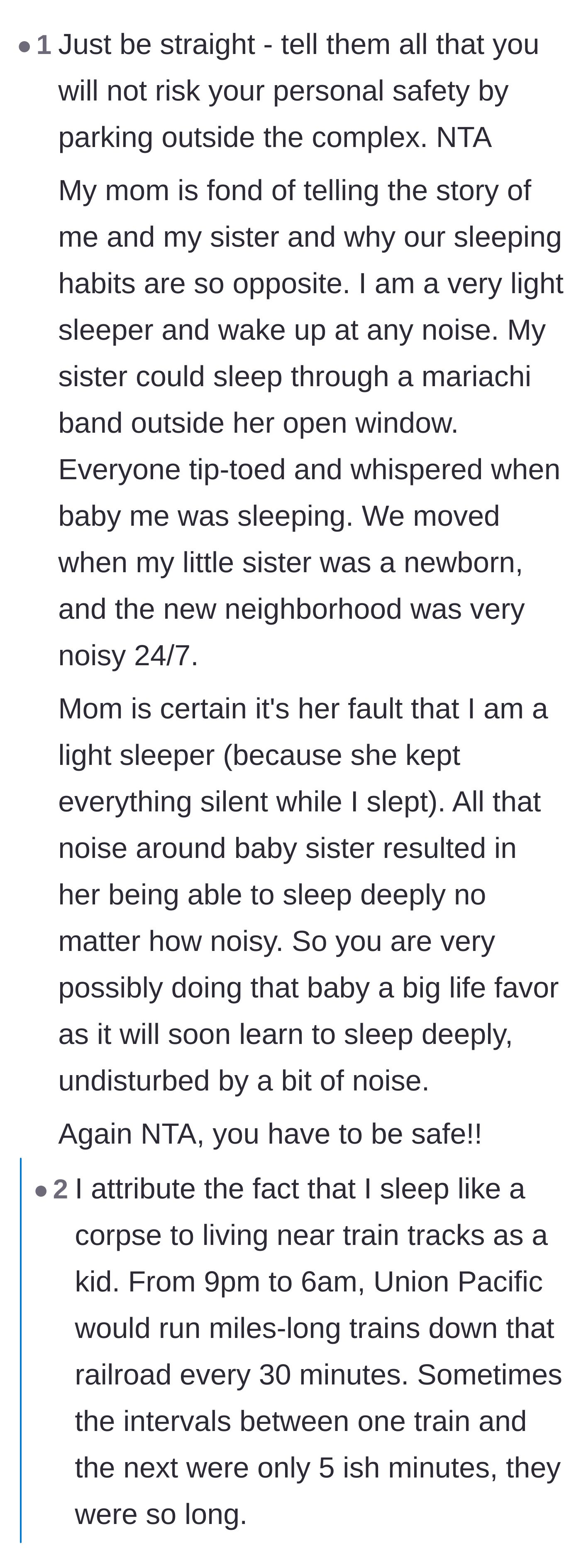 Comment thread 5 - Sharing personal anecdotes about how growing up in noisy environments creates heavy sleepers, validating the main character's refusal to accommodate.