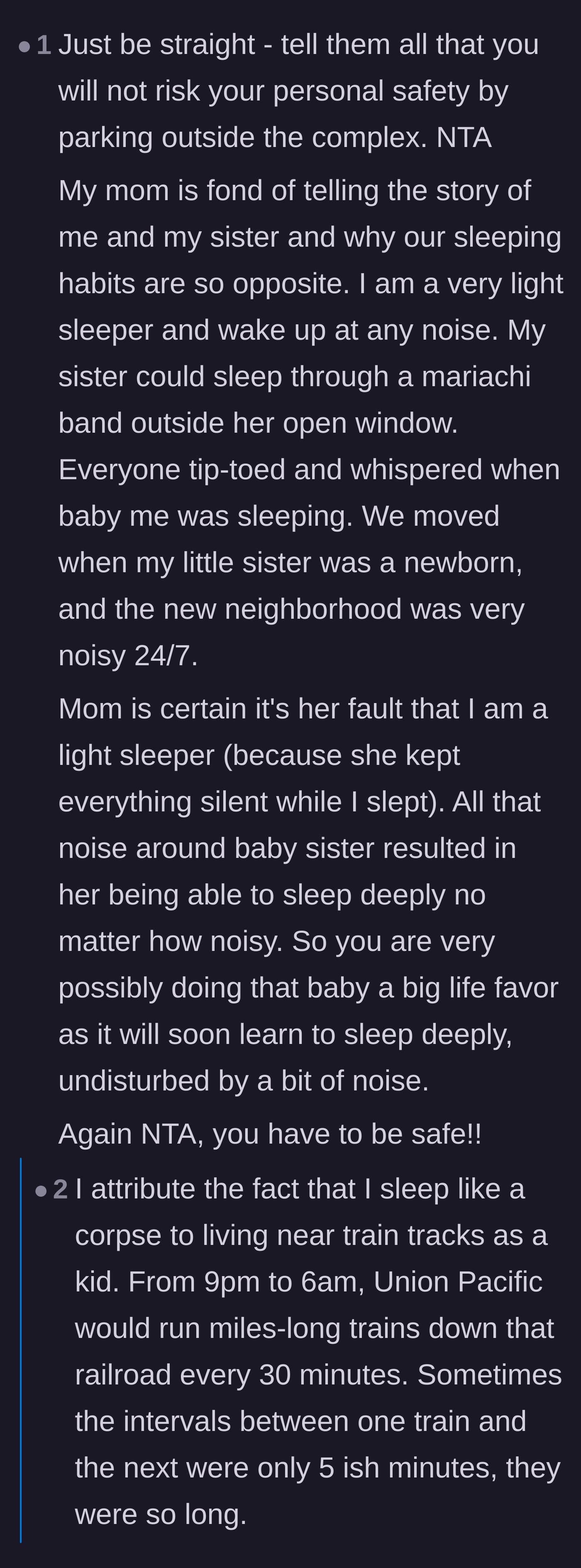 Comment thread 5 - Sharing personal anecdotes about how growing up in noisy environments creates heavy sleepers, validating the main character's refusal to accommodate.
