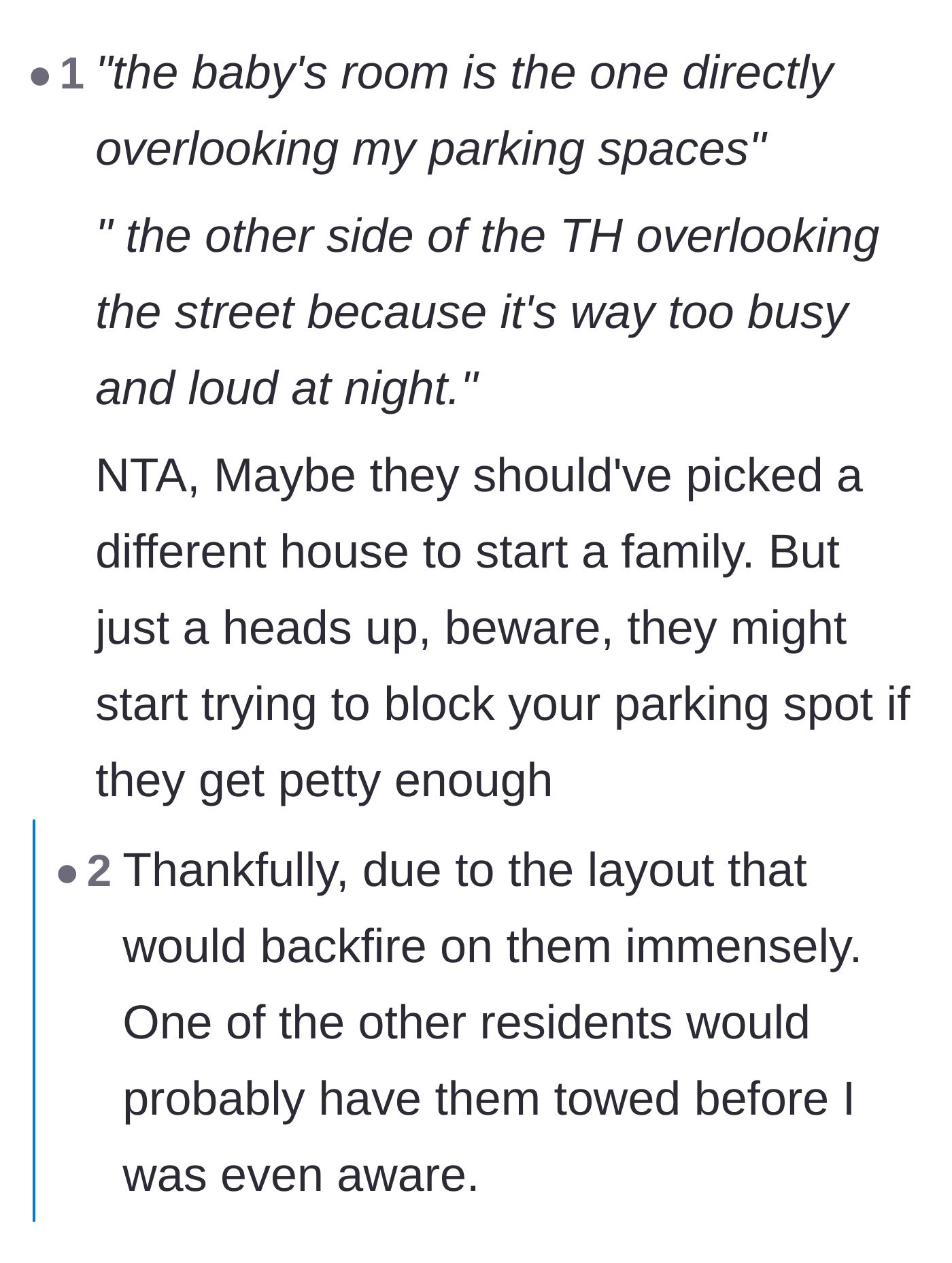 Comment thread 6 - Pointing out the hypocrisy of avoiding the noisy street room while making the neighbor suffer, with a warning about potential retaliation.