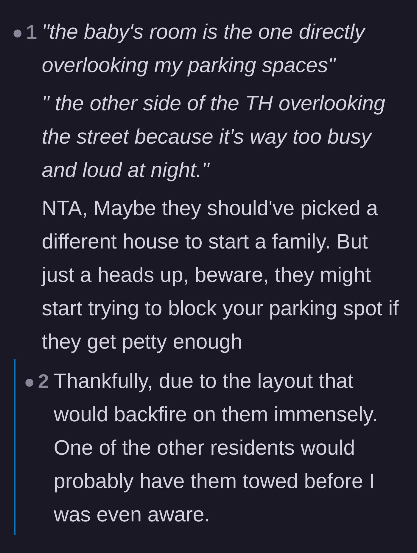 Comment thread 6 - Pointing out the hypocrisy of avoiding the noisy street room while making the neighbor suffer, with a warning about potential retaliation.