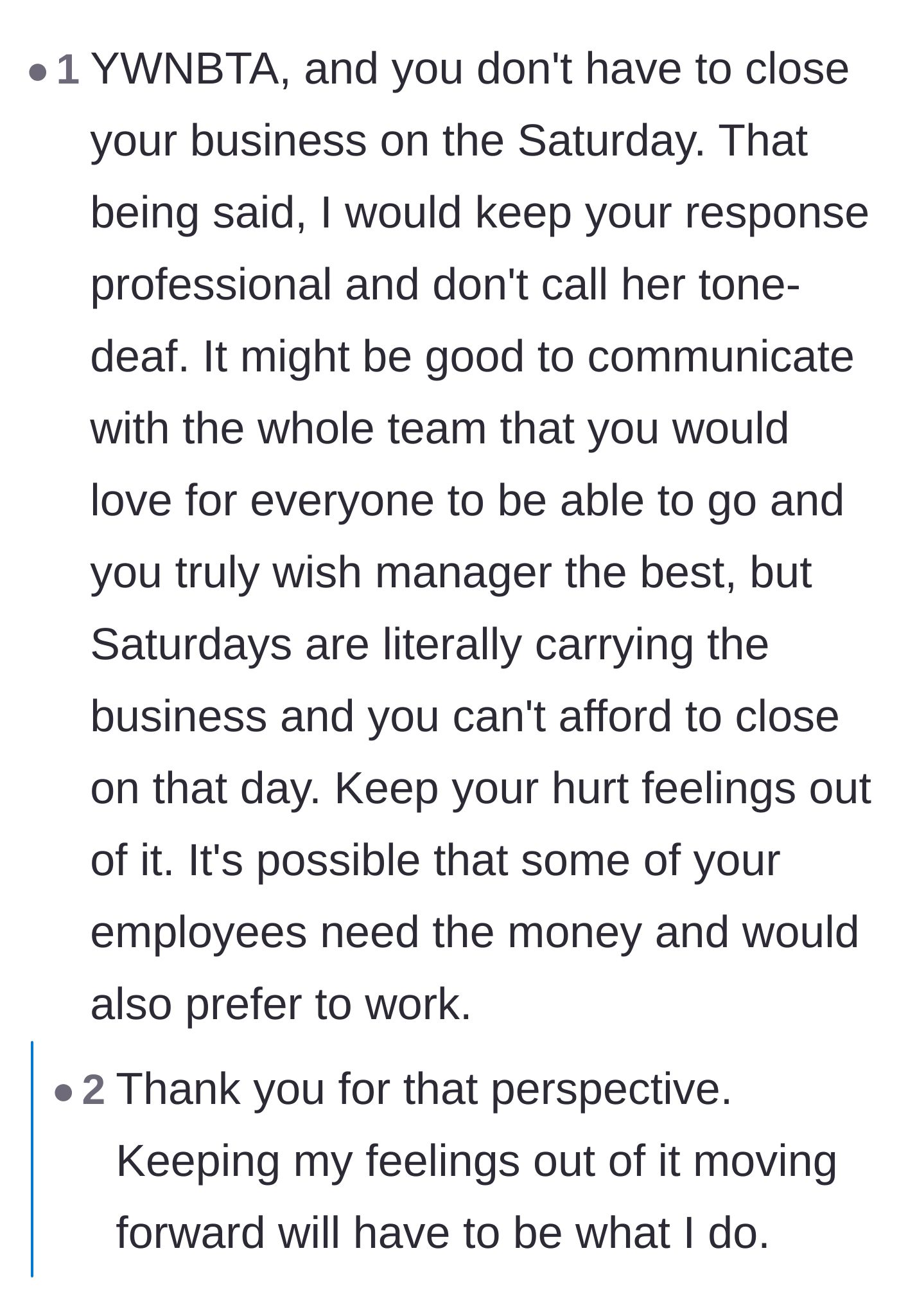 Comment thread 2 - Suggestions to remain completely professional and keep the hurt feelings out of the official response.