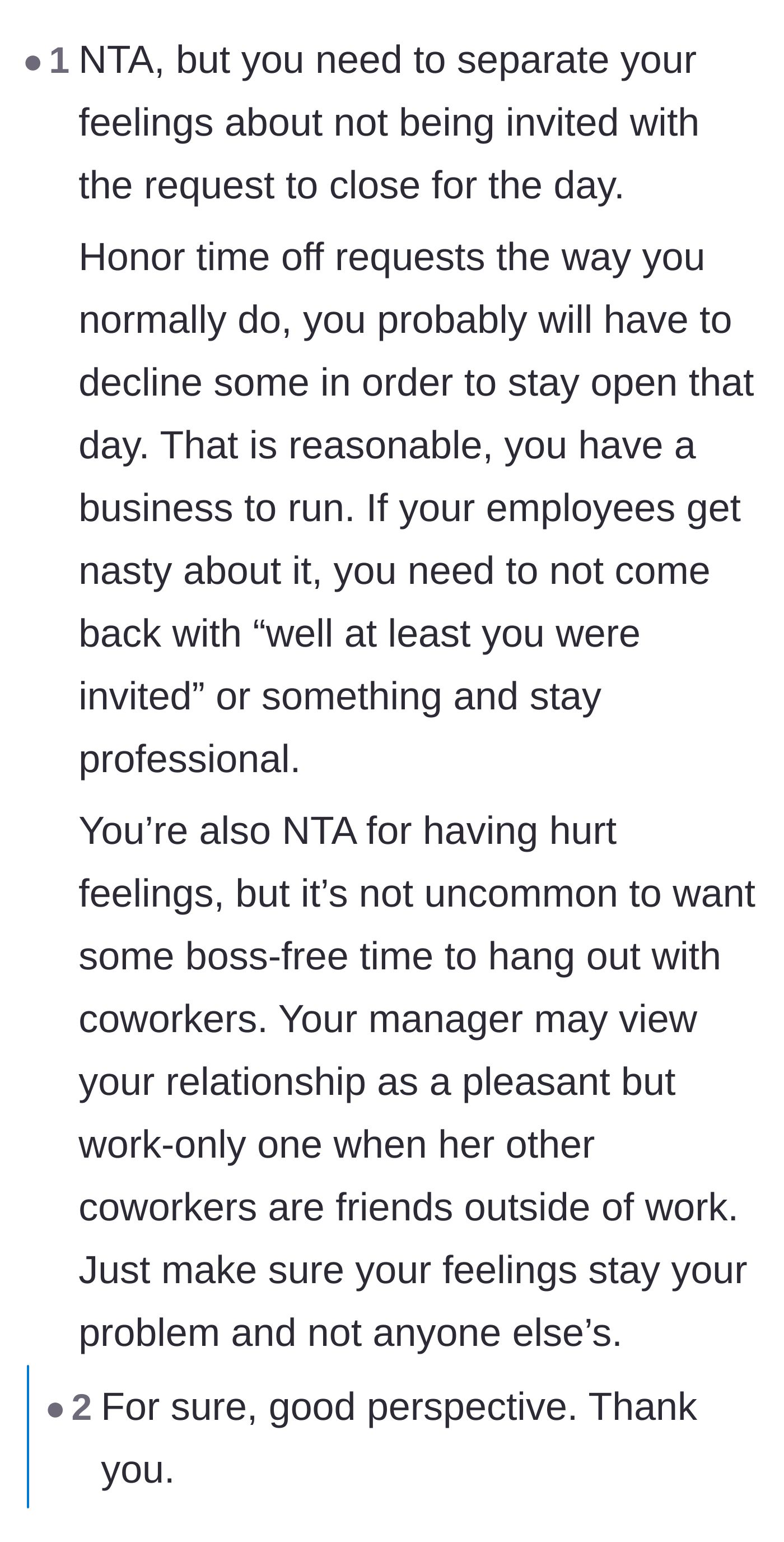 Comment thread 3 - A gentle reminder to process the emotional betrayal privately while handling the time-off requests like a normal workday.