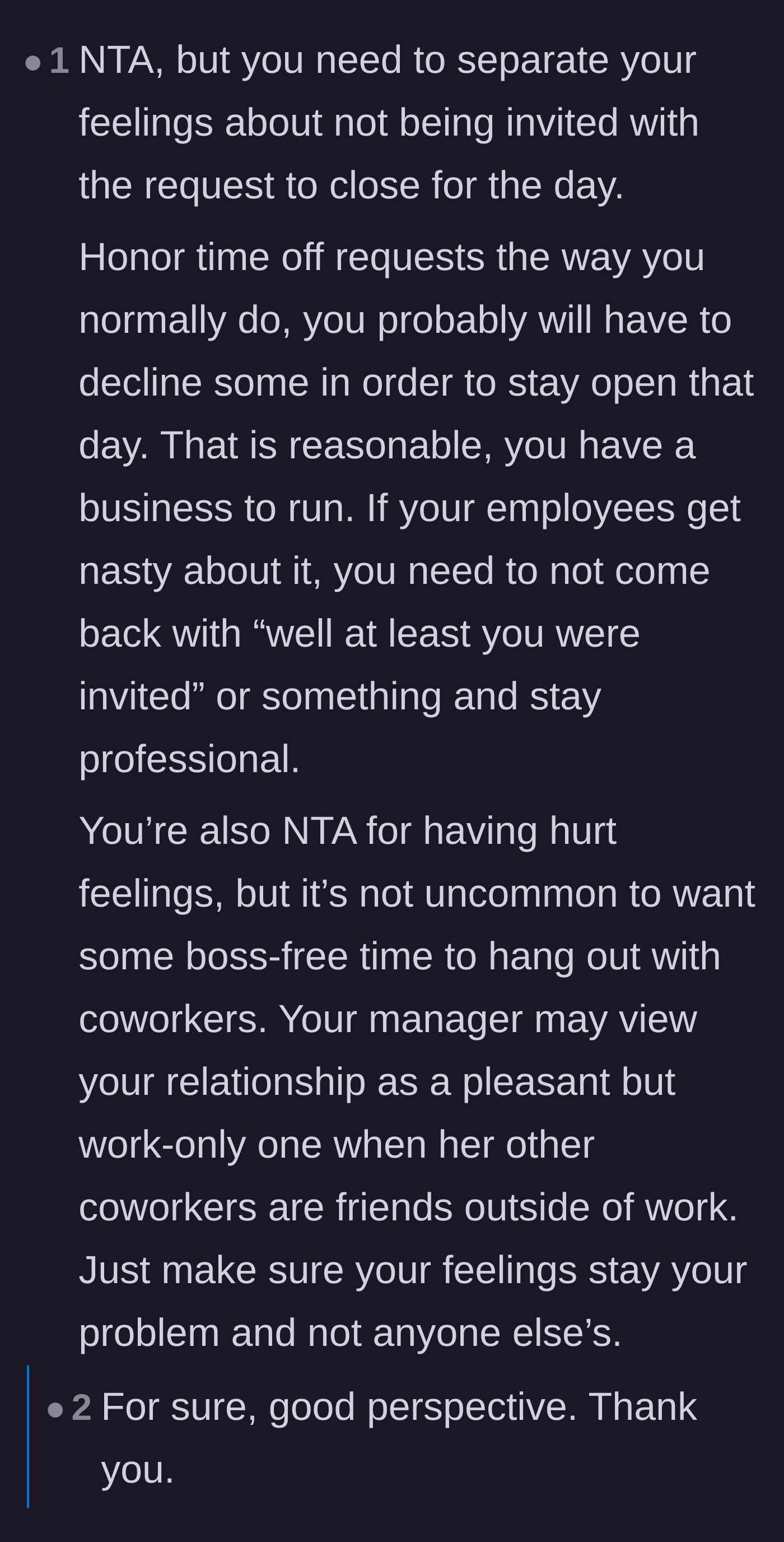 Comment thread 3 - A gentle reminder to process the emotional betrayal privately while handling the time-off requests like a normal workday.