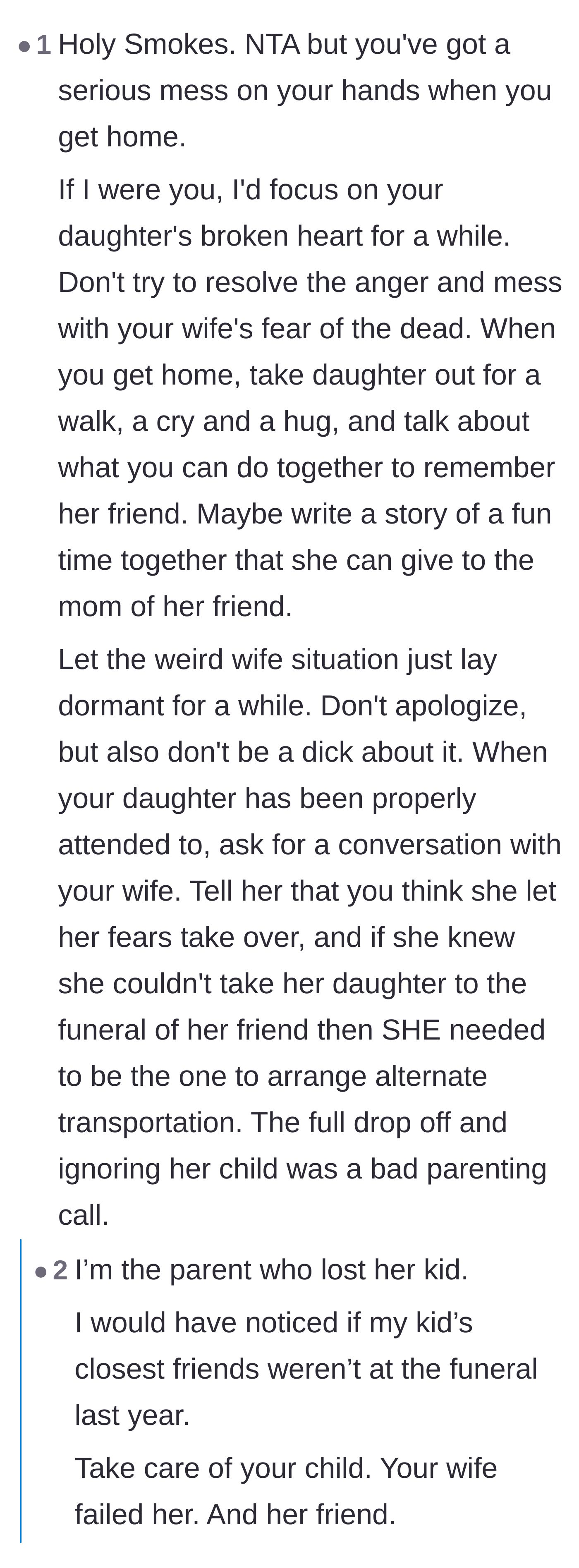 Comment thread 2 - Heartbreaking perspective from a parent who lost a child, emphasizing the importance of friends showing up to support the grieving family.
