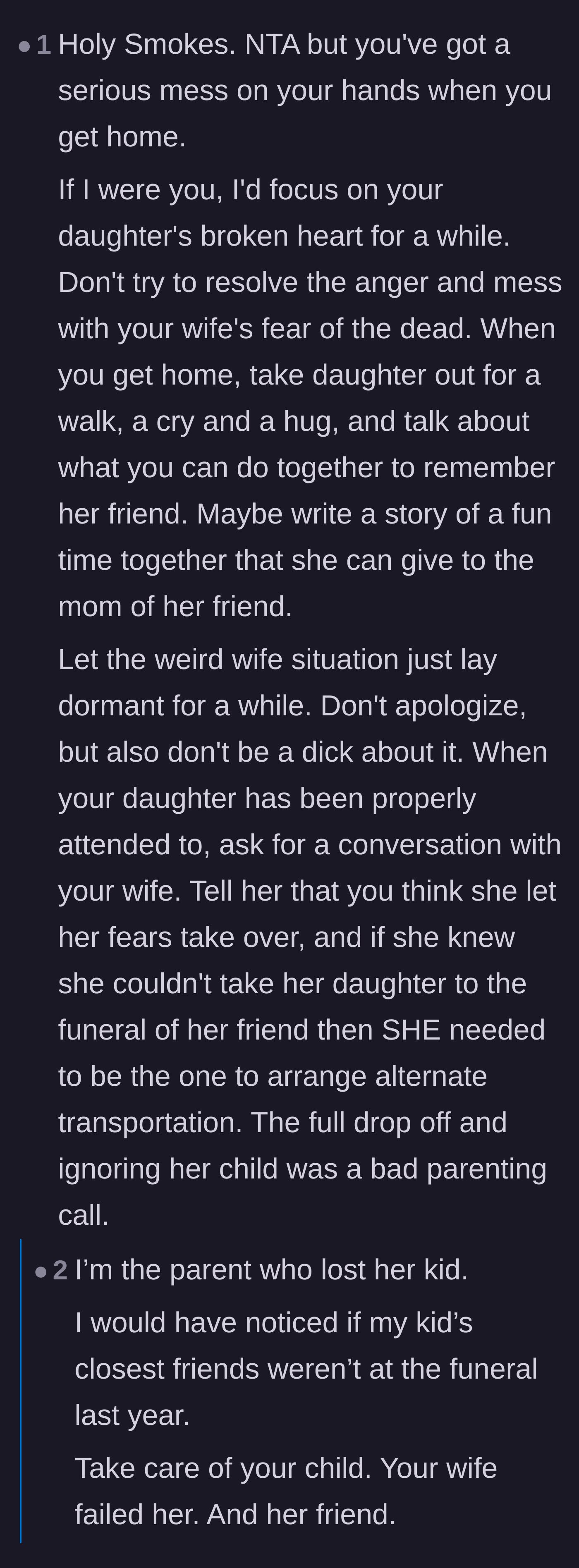 Comment thread 2 - Heartbreaking perspective from a parent who lost a child, emphasizing the importance of friends showing up to support the grieving family.