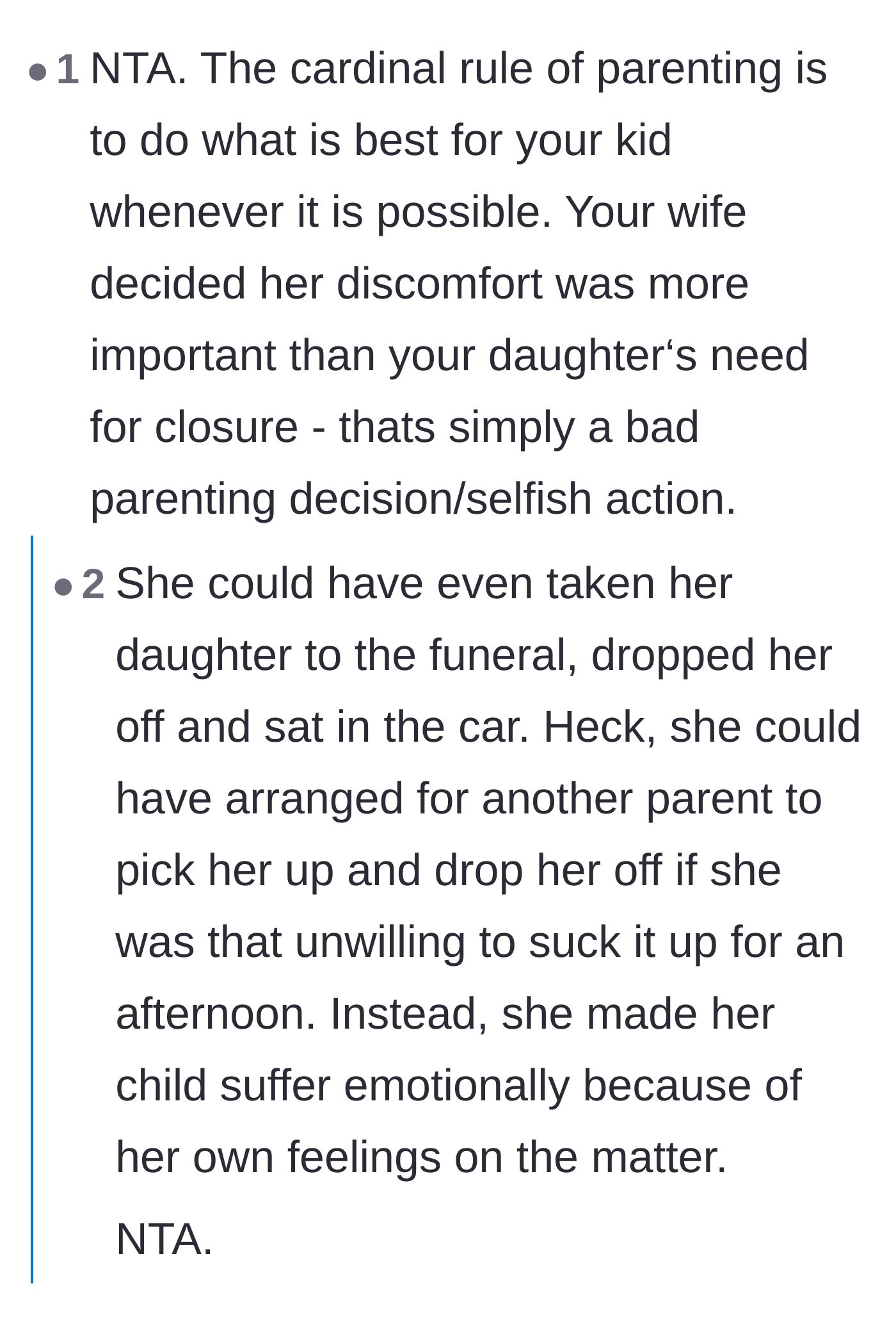 Comment thread 3 - Discussion calling out the mother for not even trying to find alternative solutions like waiting in the car.