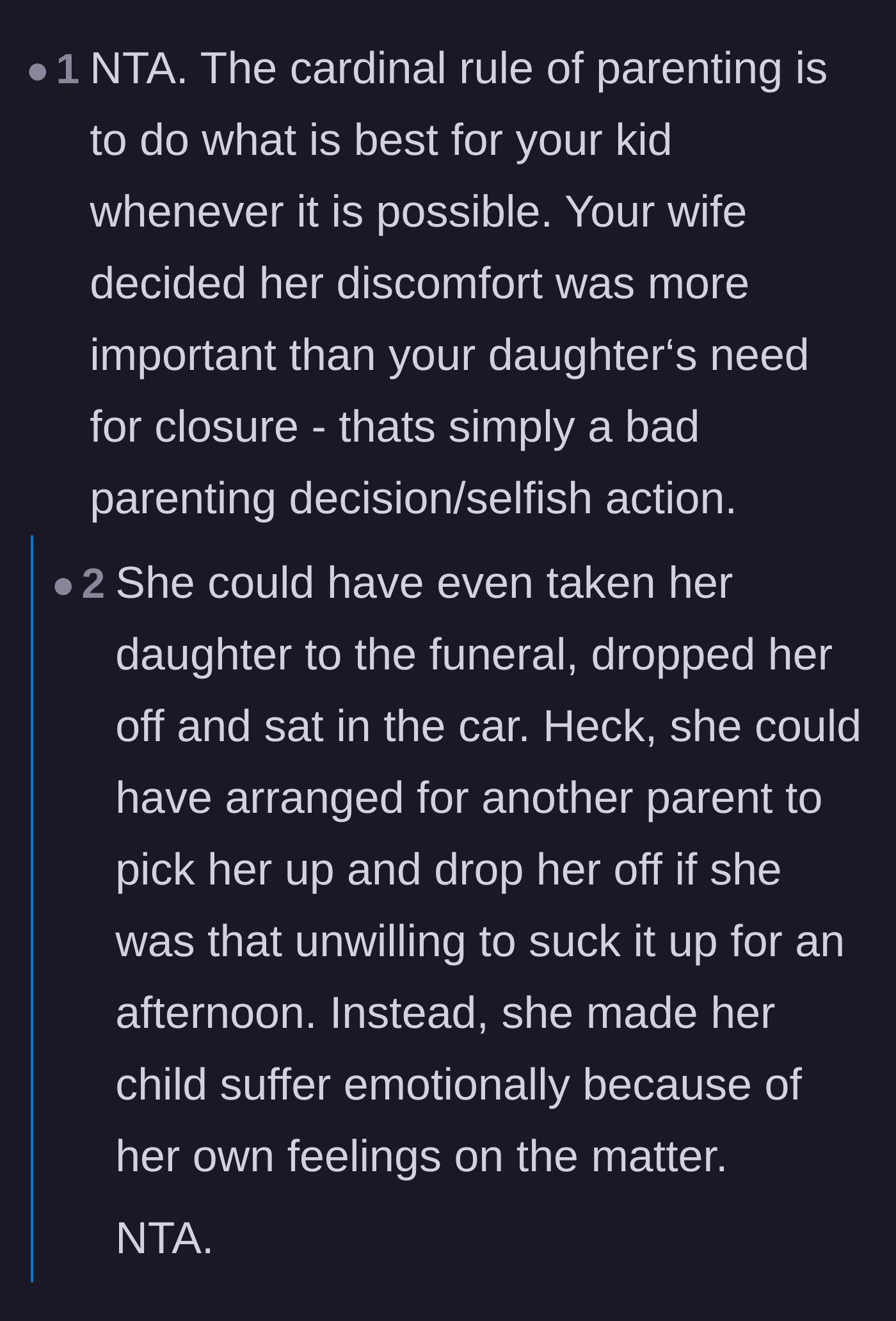 Comment thread 3 - Discussion calling out the mother for not even trying to find alternative solutions like waiting in the car.