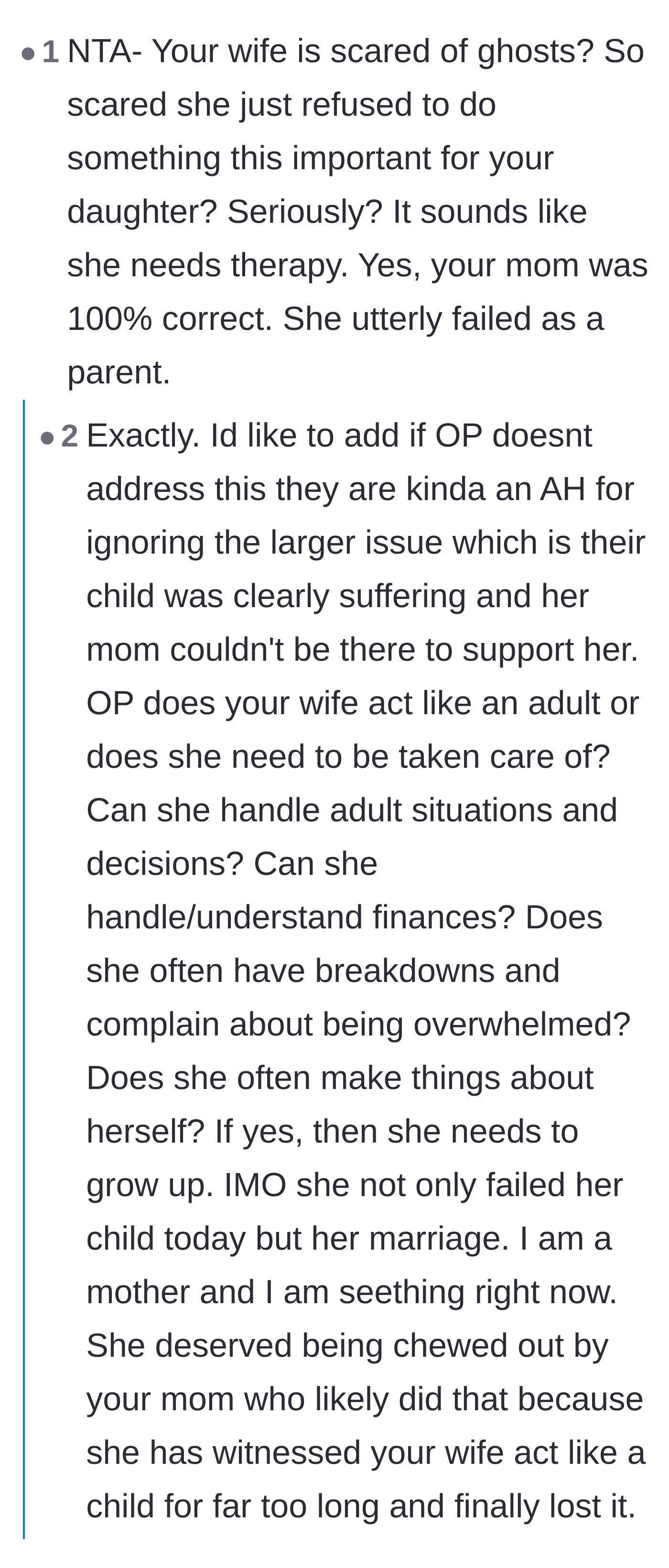 Comment thread 6 - Commenters mocking the ghost phobia excuse and asking if the wife always acts like a helpless toddler who needs coddling.