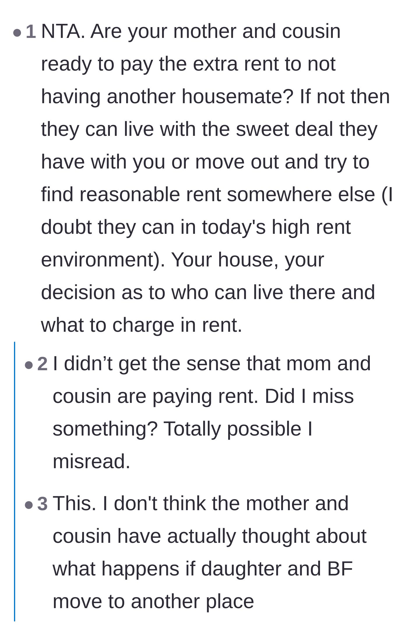 Comment thread 1 - Readers debating the financial reality of the mother and cousin trying to move out.
