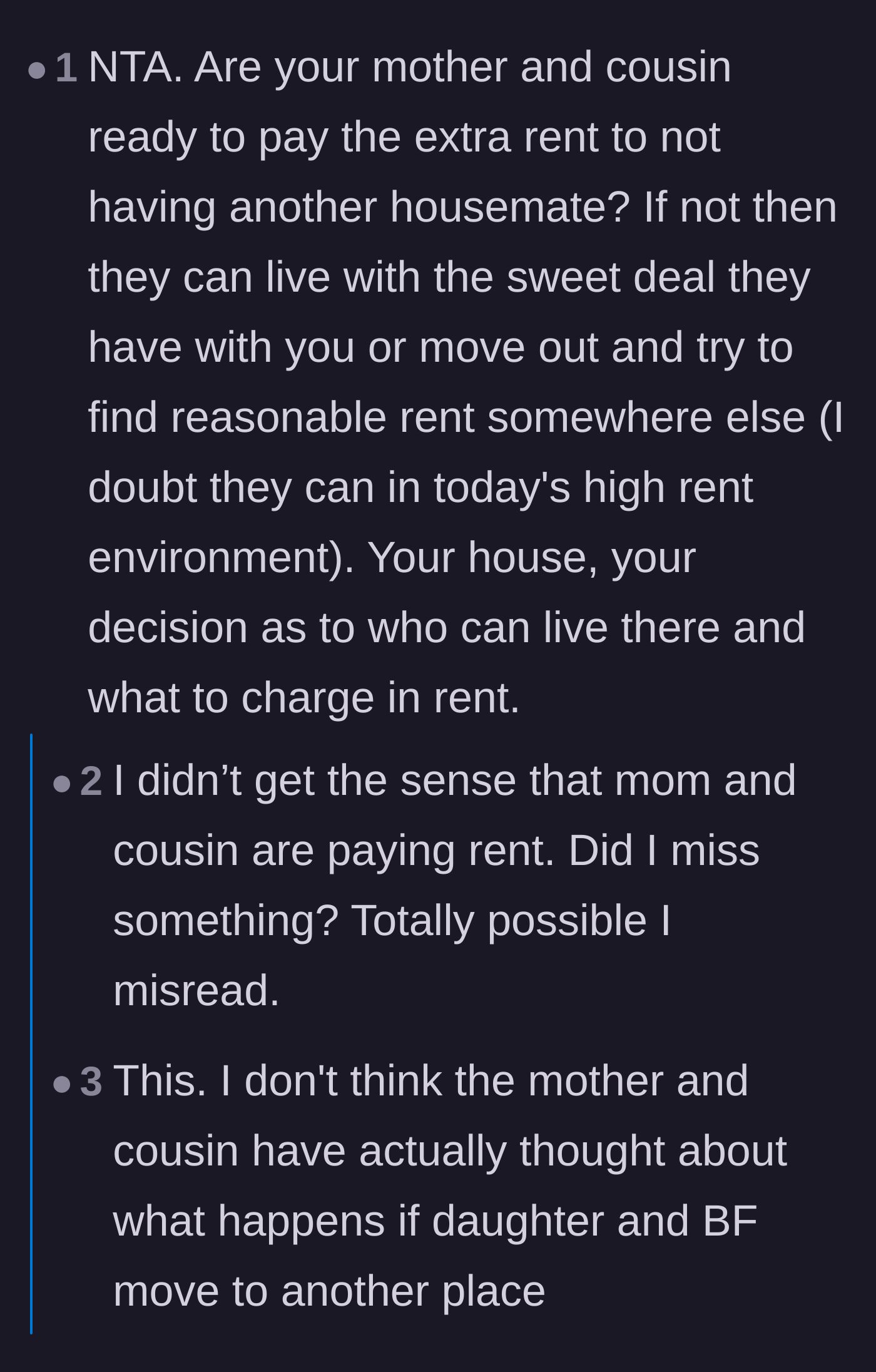Comment thread 1 - Readers debating the financial reality of the mother and cousin trying to move out.