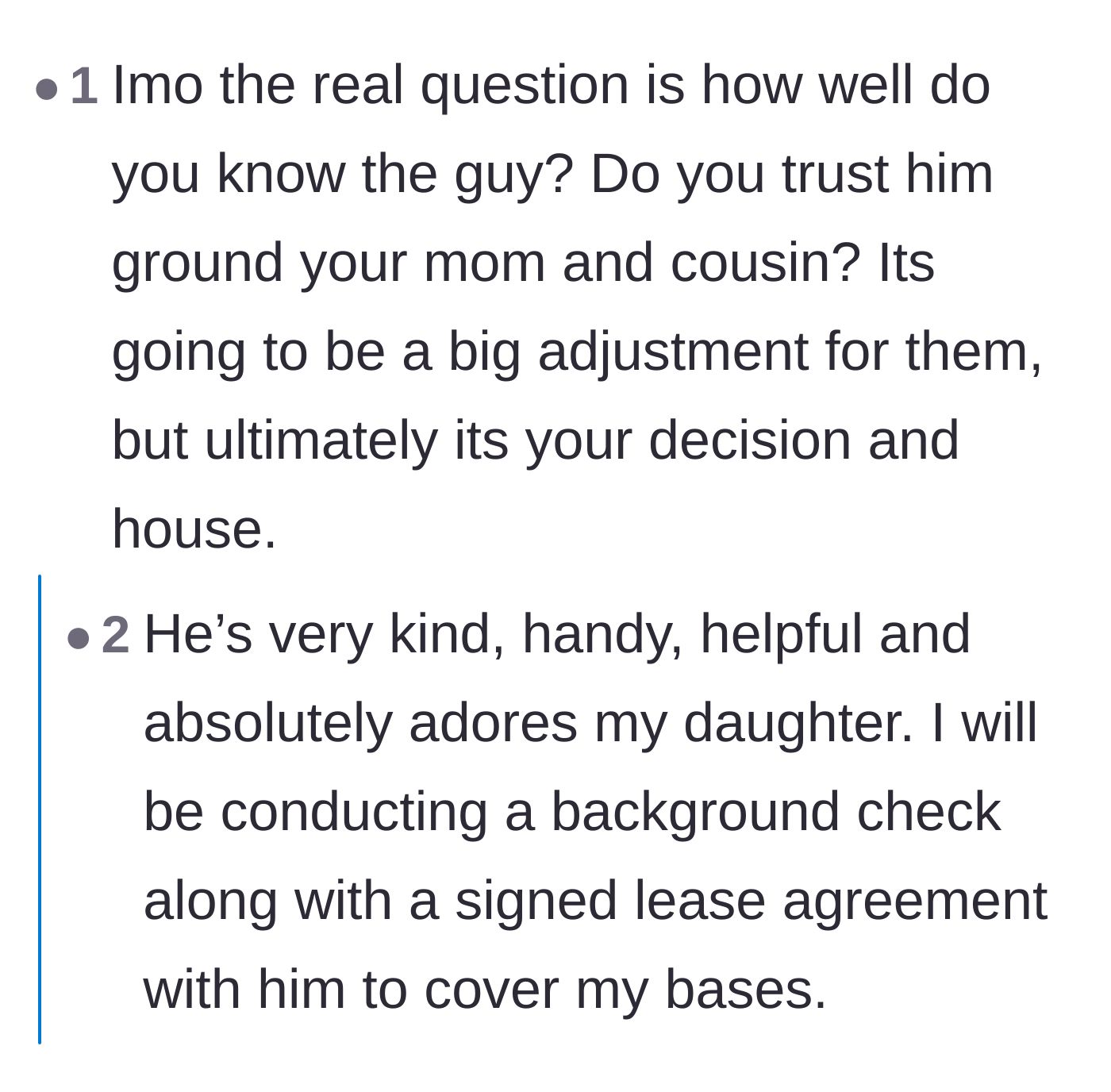 Comment thread 6 - Asking about the boyfriend's character and the mother's smart lease precautions.