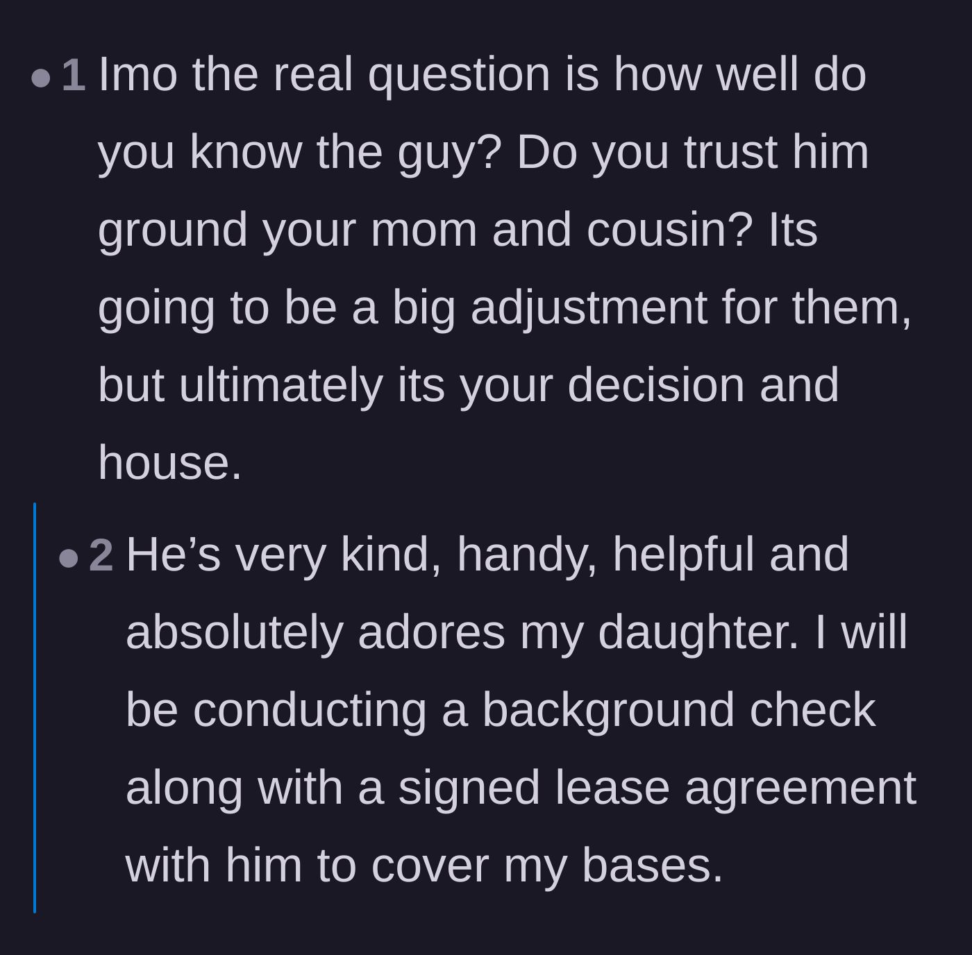 Comment thread 6 - Asking about the boyfriend's character and the mother's smart lease precautions.
