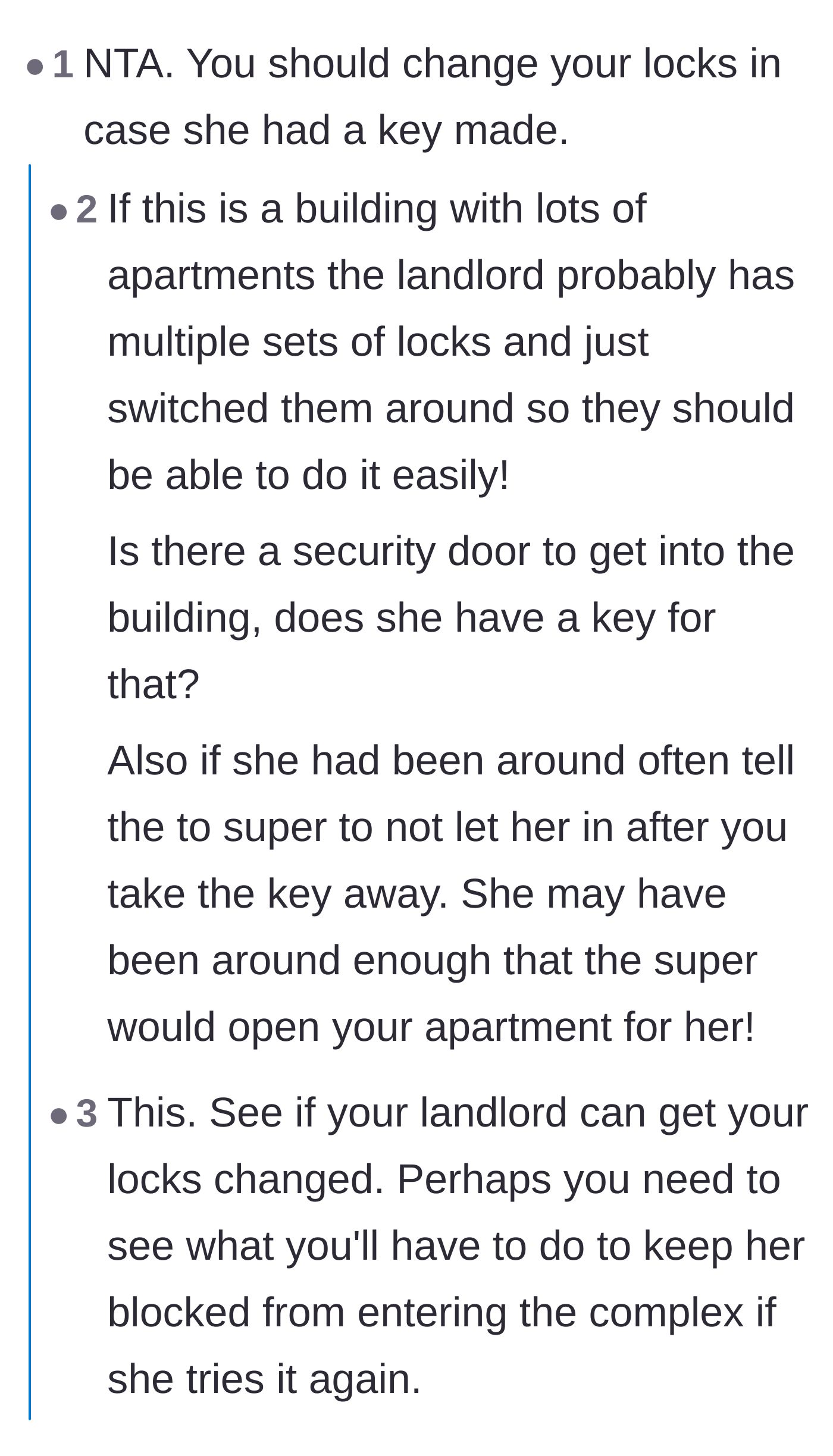 Comment thread 4 - Practical tips on navigating building security and lock changes with a landlord.