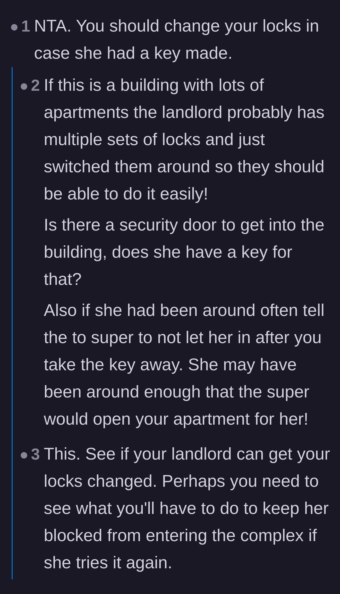 Comment thread 4 - Practical tips on navigating building security and lock changes with a landlord.