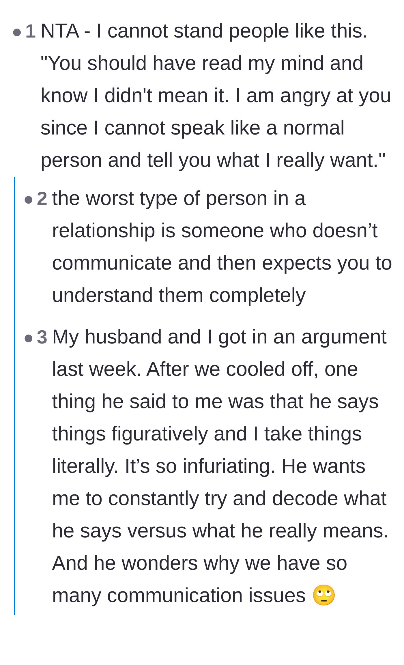 Comment thread 1 - Readers sharing their frustration with partners who refuse to communicate directly and expect mind-reading.
