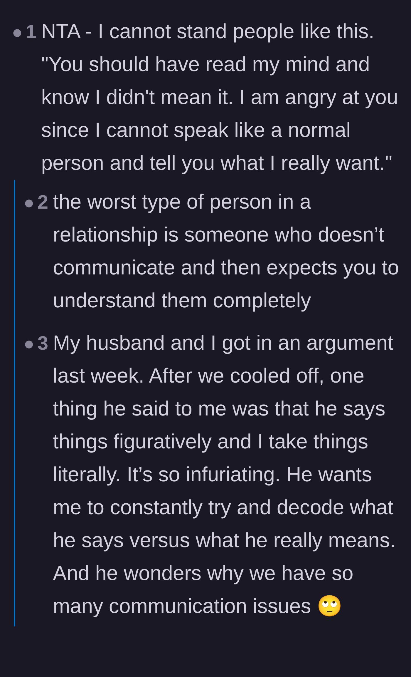 Comment thread 1 - Readers sharing their frustration with partners who refuse to communicate directly and expect mind-reading.