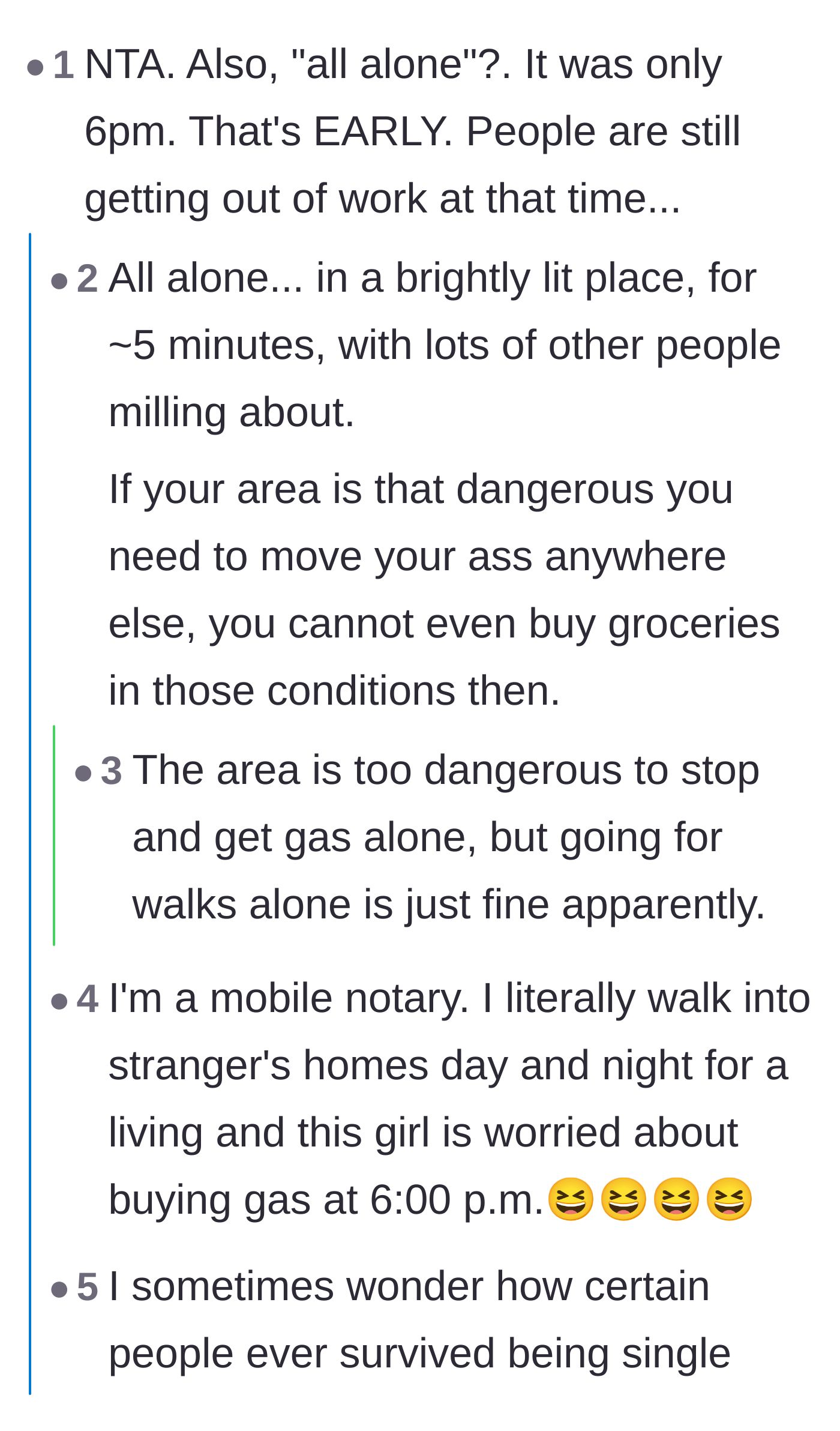 Comment thread 2 - People mocking the girlfriend's claim that getting gas alone at 6 PM is somehow dangerous.