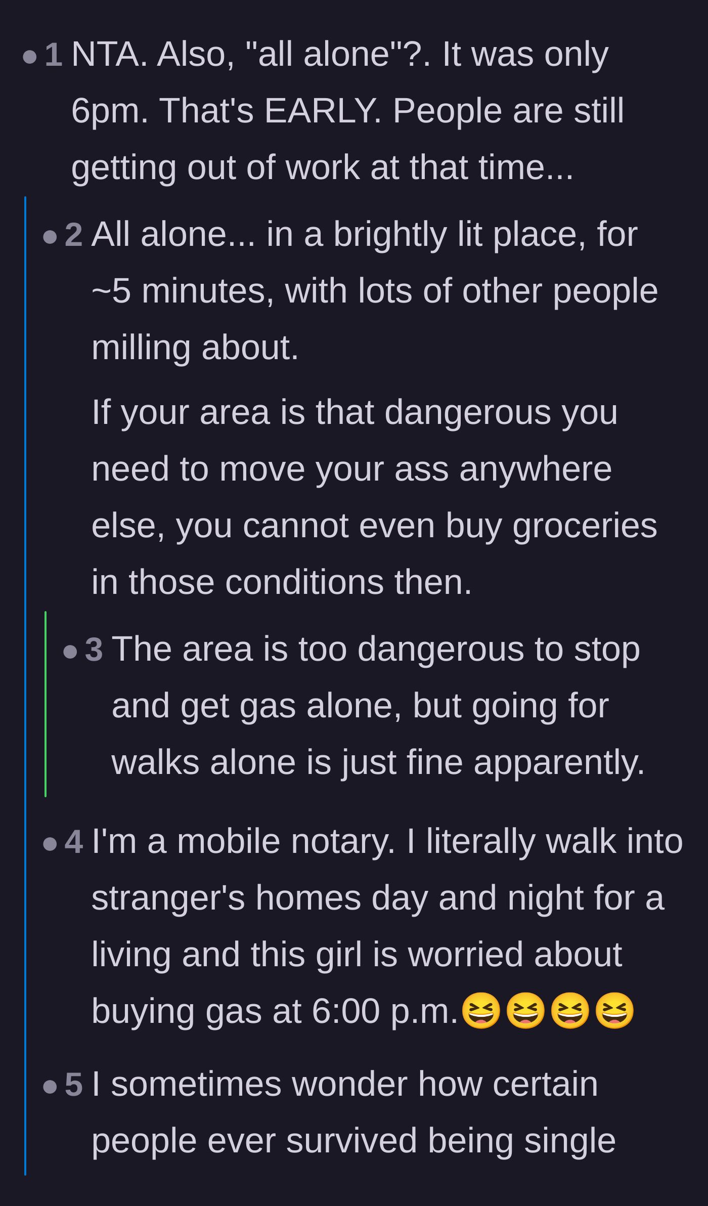 Comment thread 2 - People mocking the girlfriend's claim that getting gas alone at 6 PM is somehow dangerous.