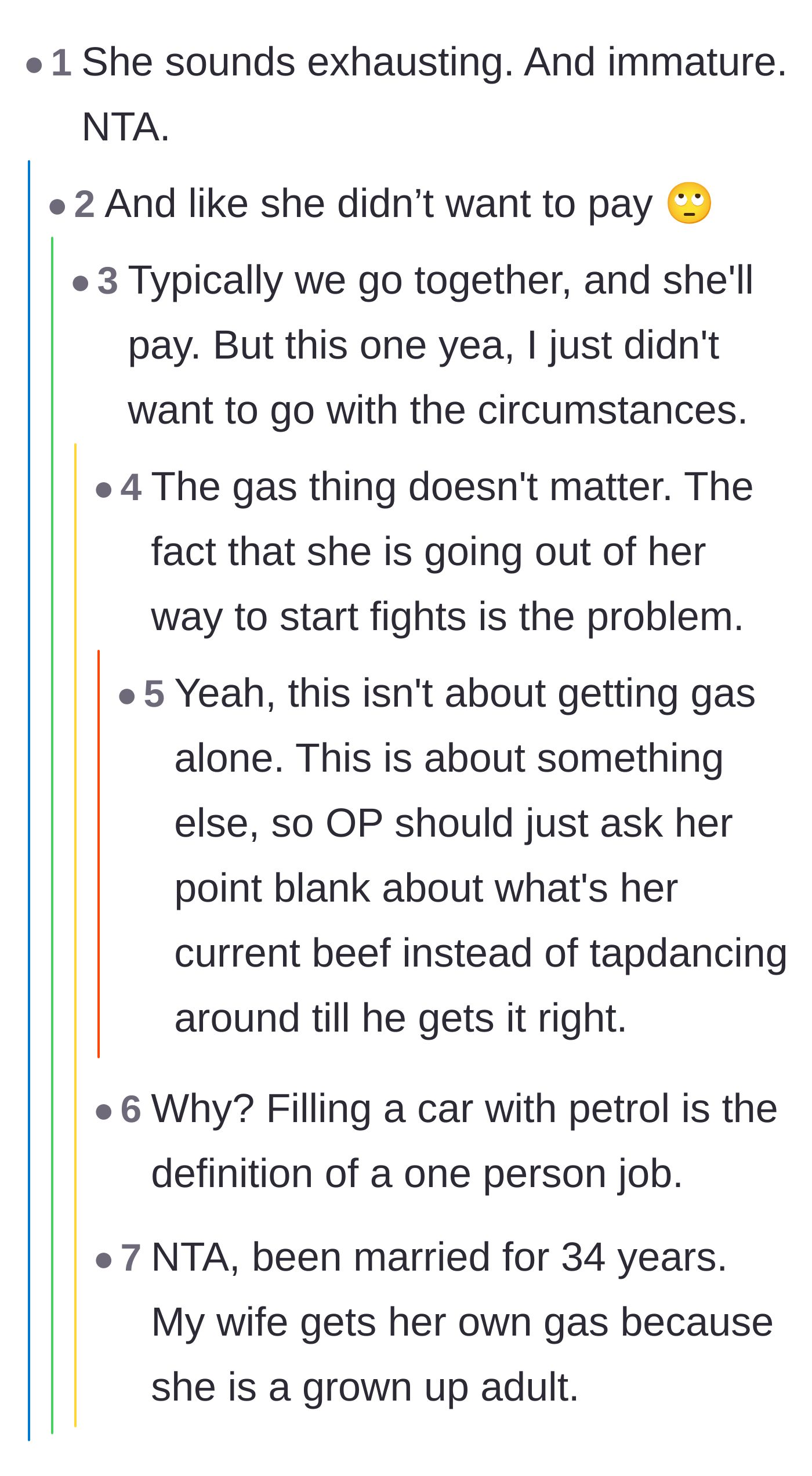 Comment thread 4 - A discussion about how the gas station trip was likely just an excuse to prolong the underlying argument.