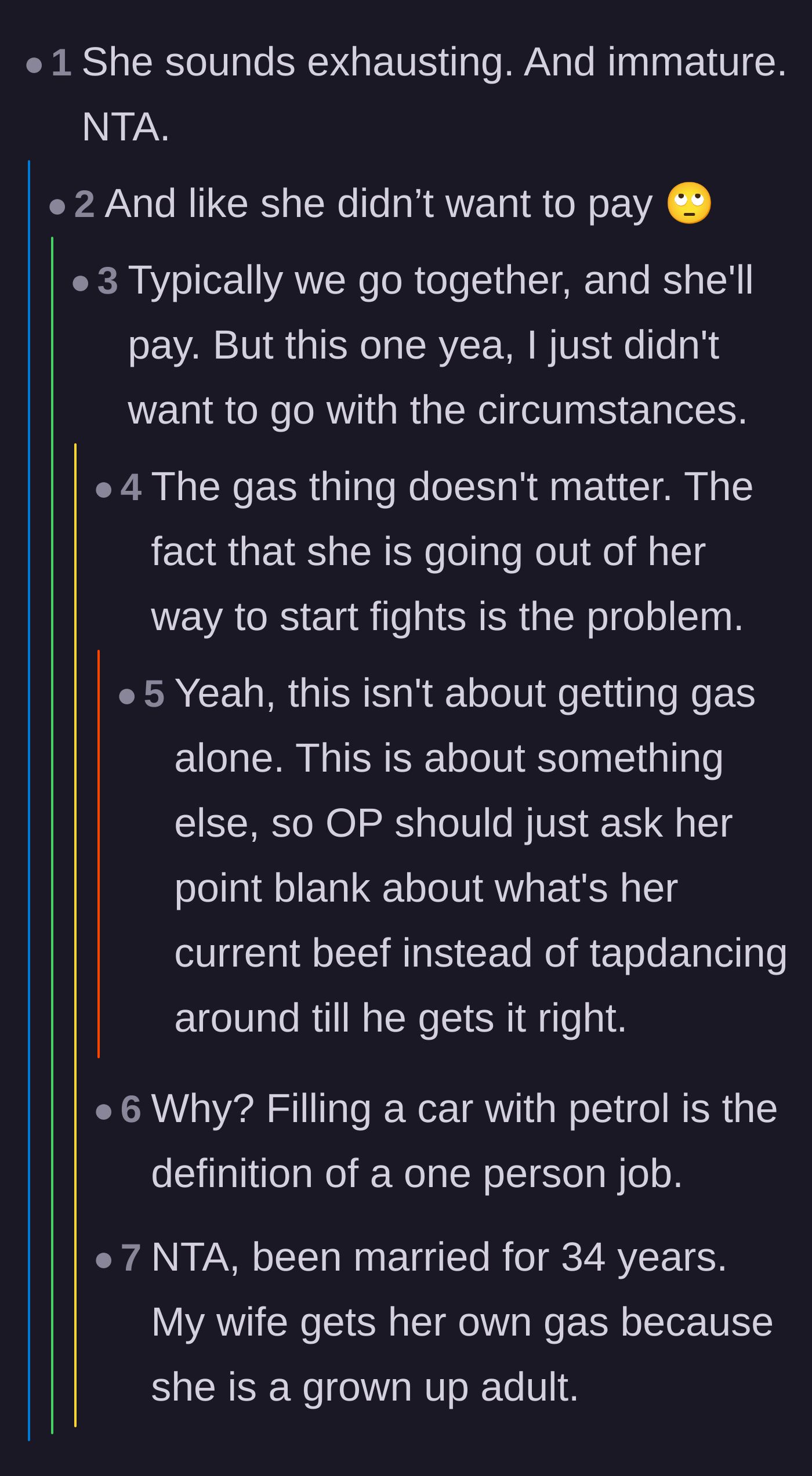 Comment thread 4 - A discussion about how the gas station trip was likely just an excuse to prolong the underlying argument.