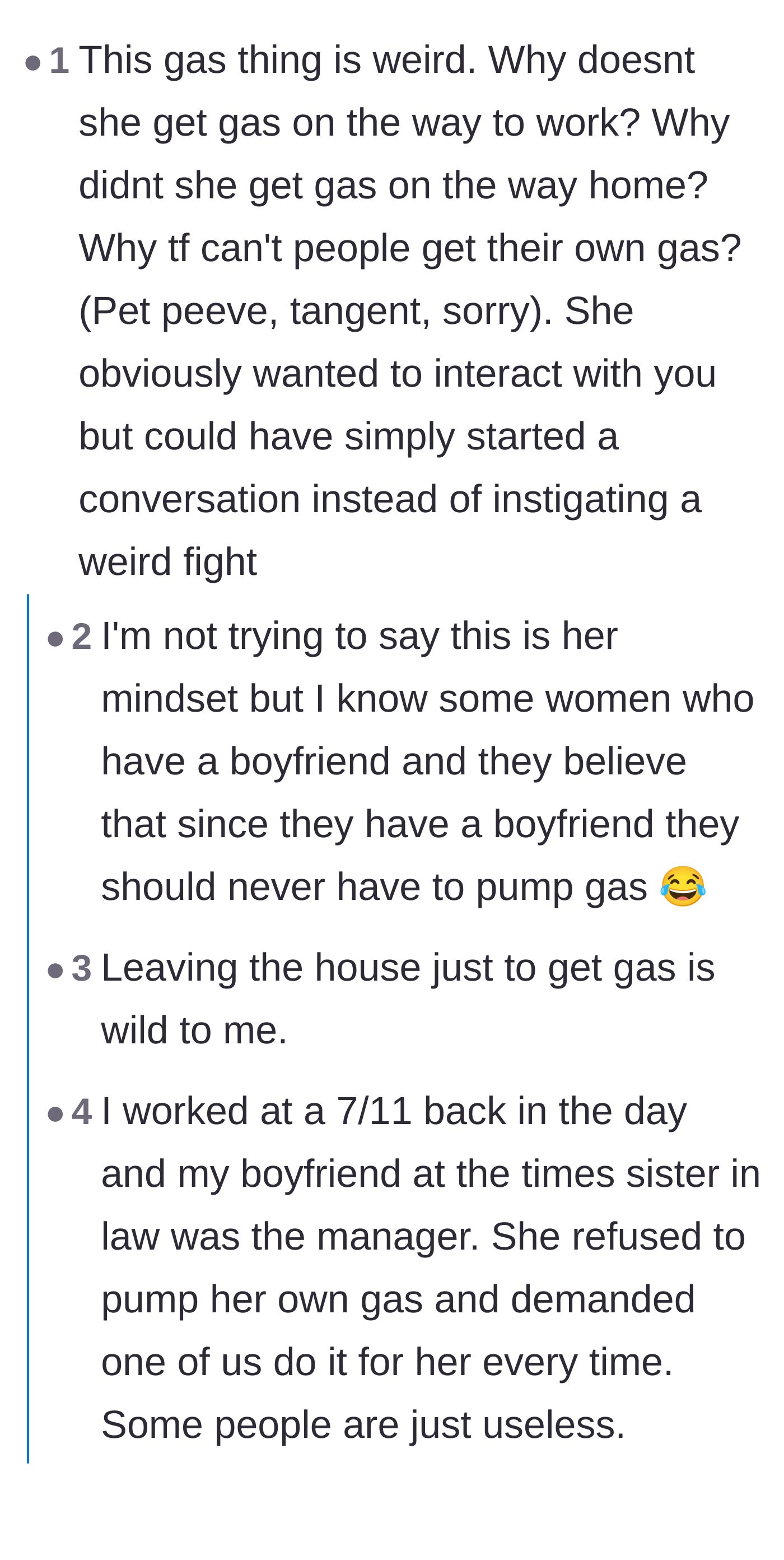 Comment thread 5 - Debate over the weirdness of making a separate trip for gas and the entitlement of refusing to pump it.