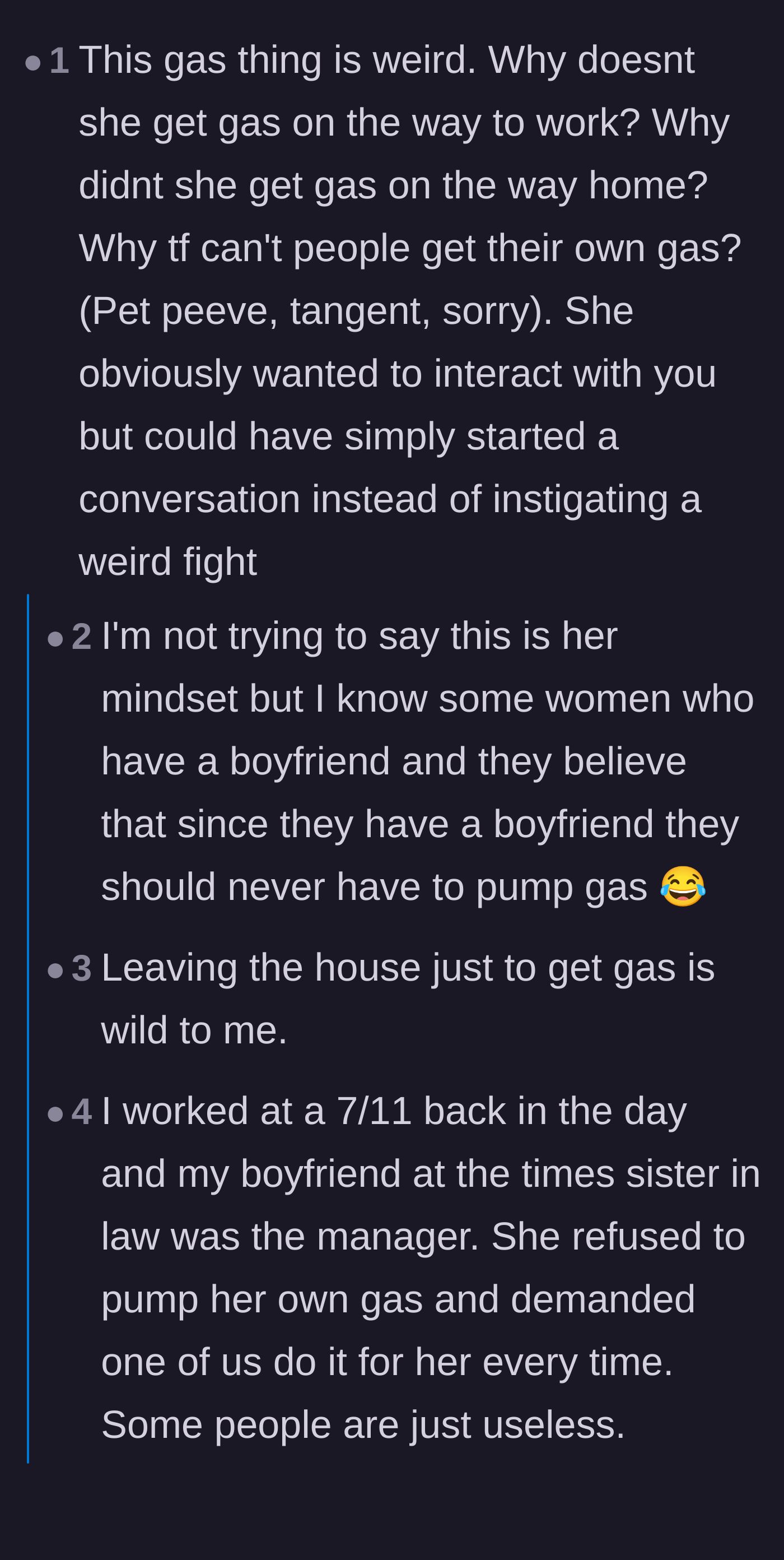 Comment thread 5 - Debate over the weirdness of making a separate trip for gas and the entitlement of refusing to pump it.