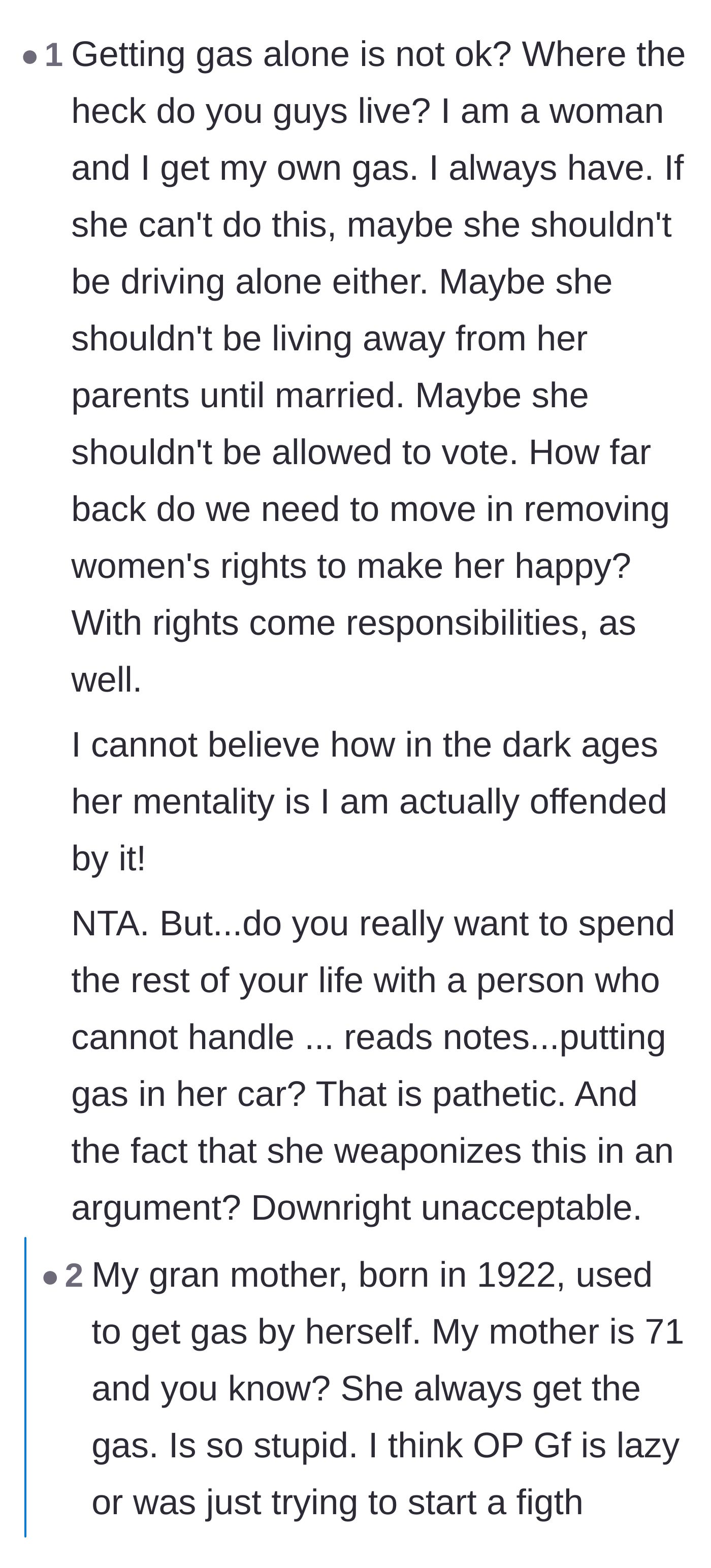 Comment thread 6 - A female reader taking offense at the girlfriend's weaponized incompetence and regressive mindset.