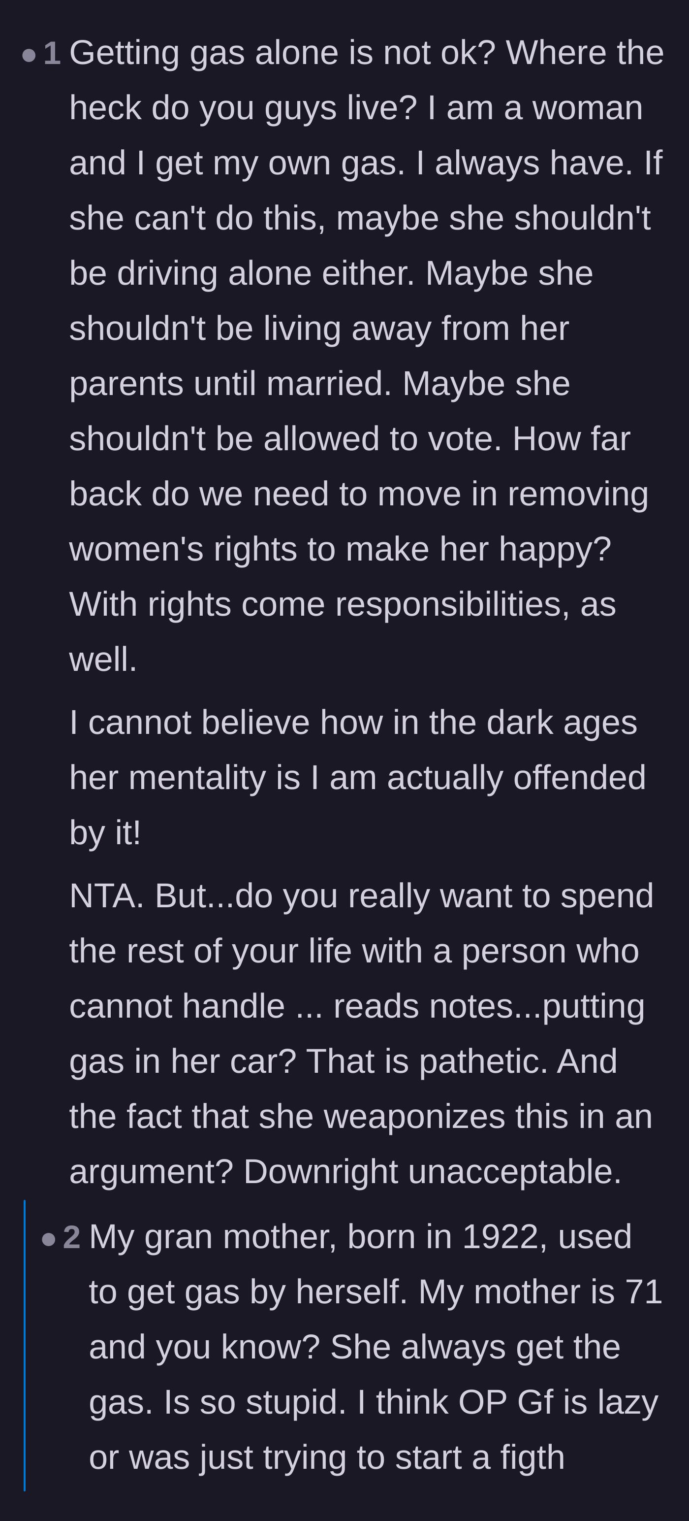 Comment thread 6 - A female reader taking offense at the girlfriend's weaponized incompetence and regressive mindset.