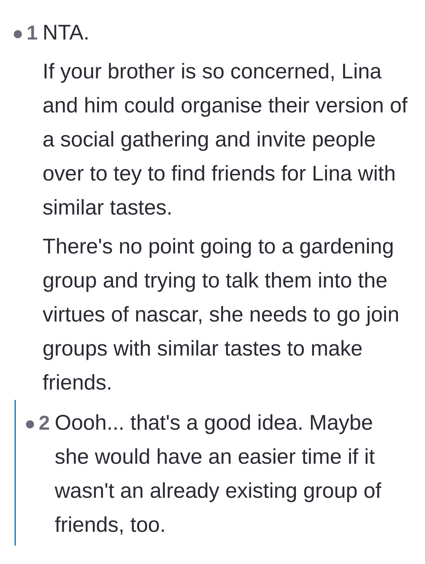 Comment thread 2 - Suggesting the brother and his wife should host their own niche gatherings instead of crashing existing friend groups.
