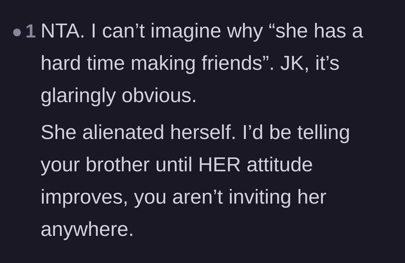Comment thread 5 - Pointing out the glaringly obvious irony of why the sister-in-law struggles to make friends.