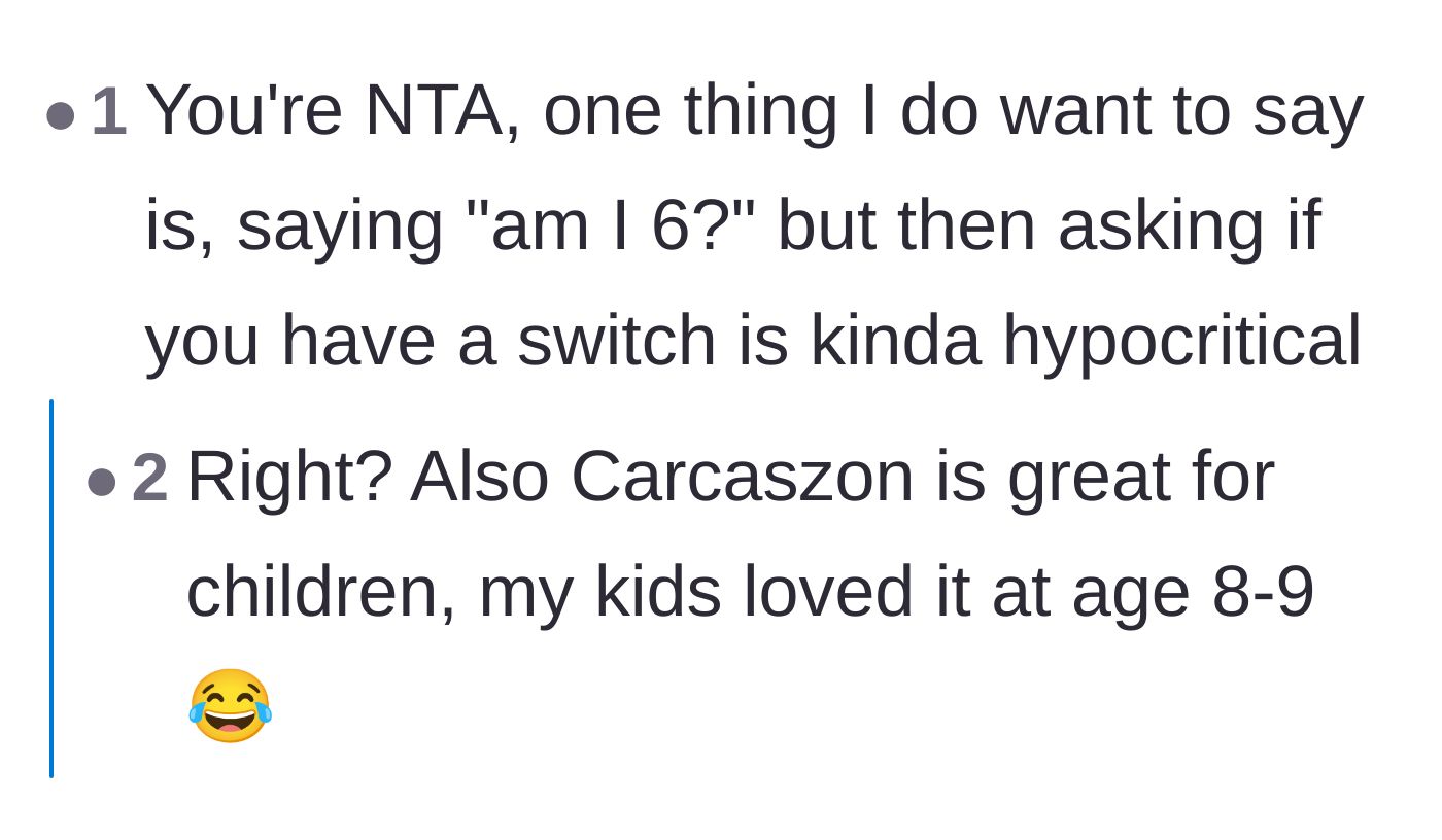 Comment thread 6 - Highlighting the hypocrisy of refusing crafts for being childish while demanding a Nintendo Switch.
