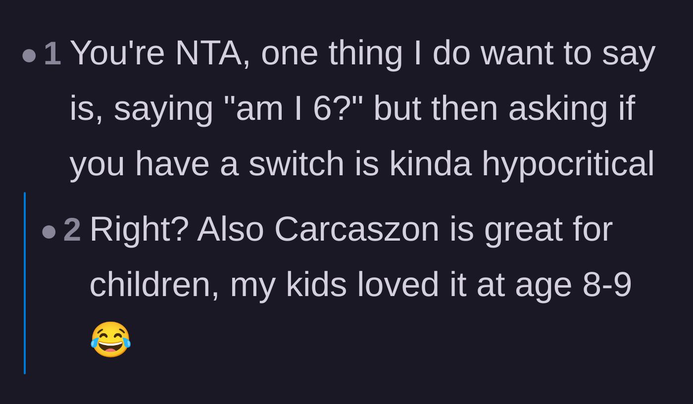 Comment thread 6 - Highlighting the hypocrisy of refusing crafts for being childish while demanding a Nintendo Switch.