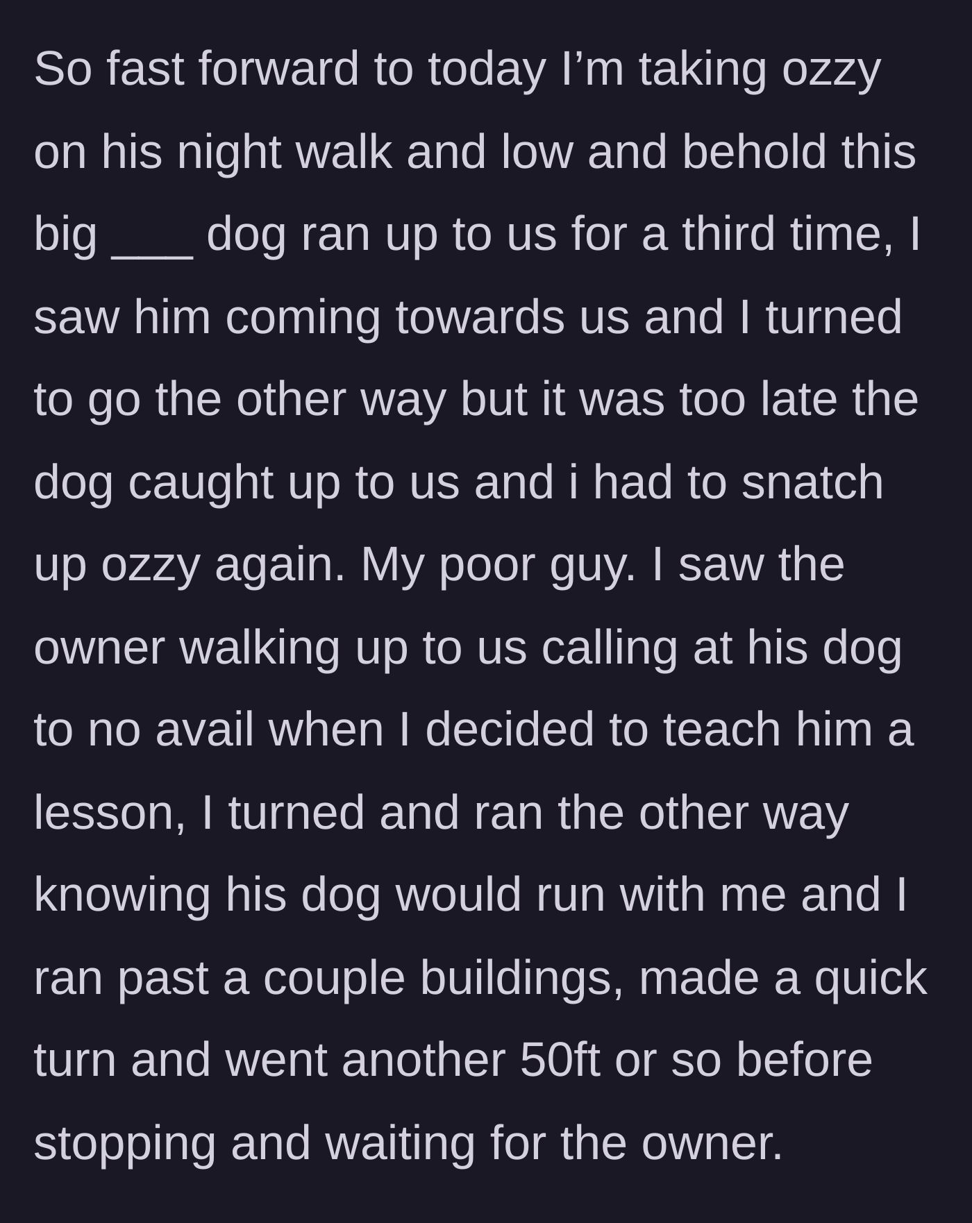 Story part 3 - The giant dog charges a third time, and the main character decides to run away, taking the dog with them to teach the owner a lesson.
