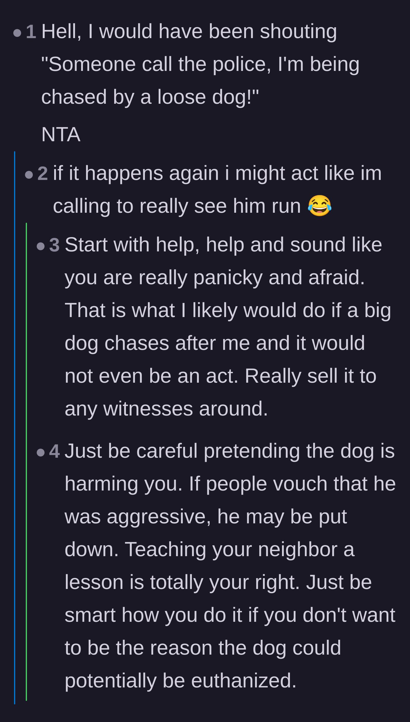 Comment thread 6 - Joking about screaming for help, with a serious warning about not getting the innocent dog euthanized.