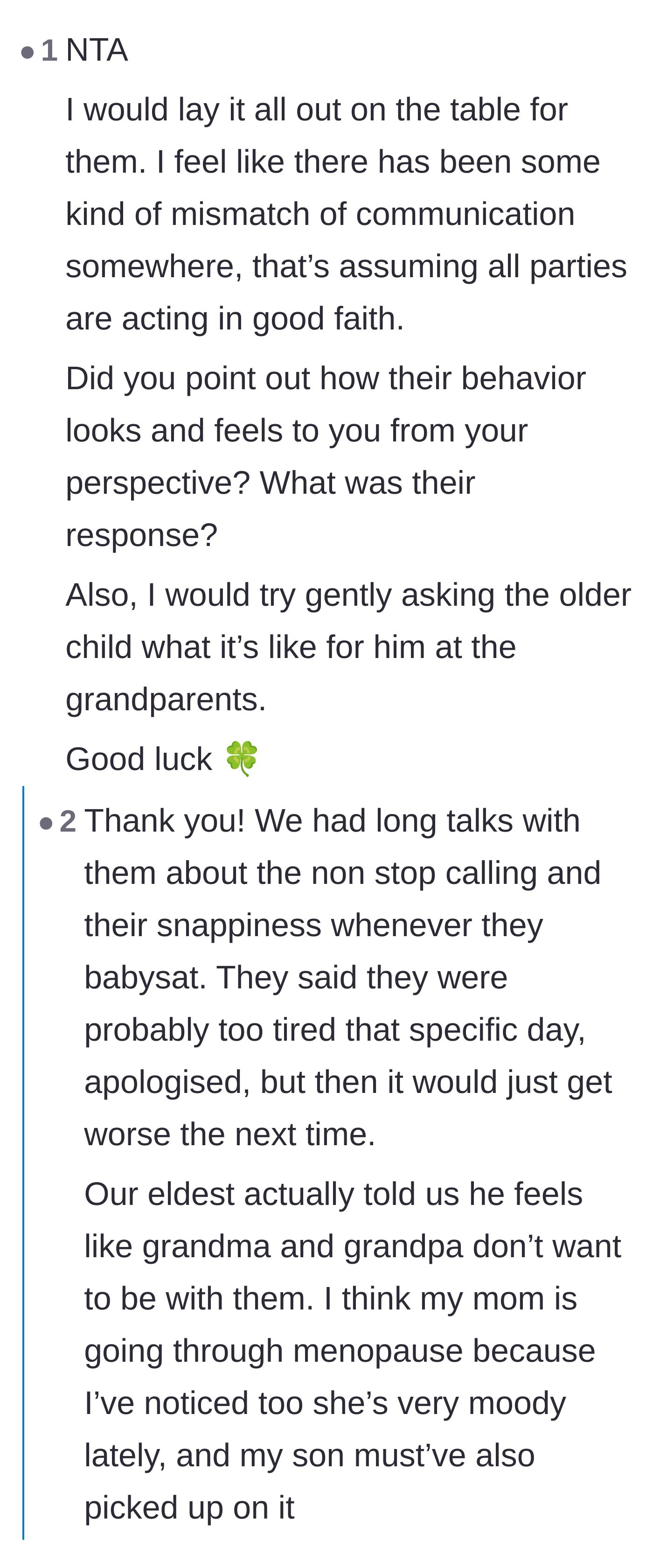 Comment thread 1 - A user suggests talking to the oldest child, and the mother reveals her son feels unwanted by the grandparents.
