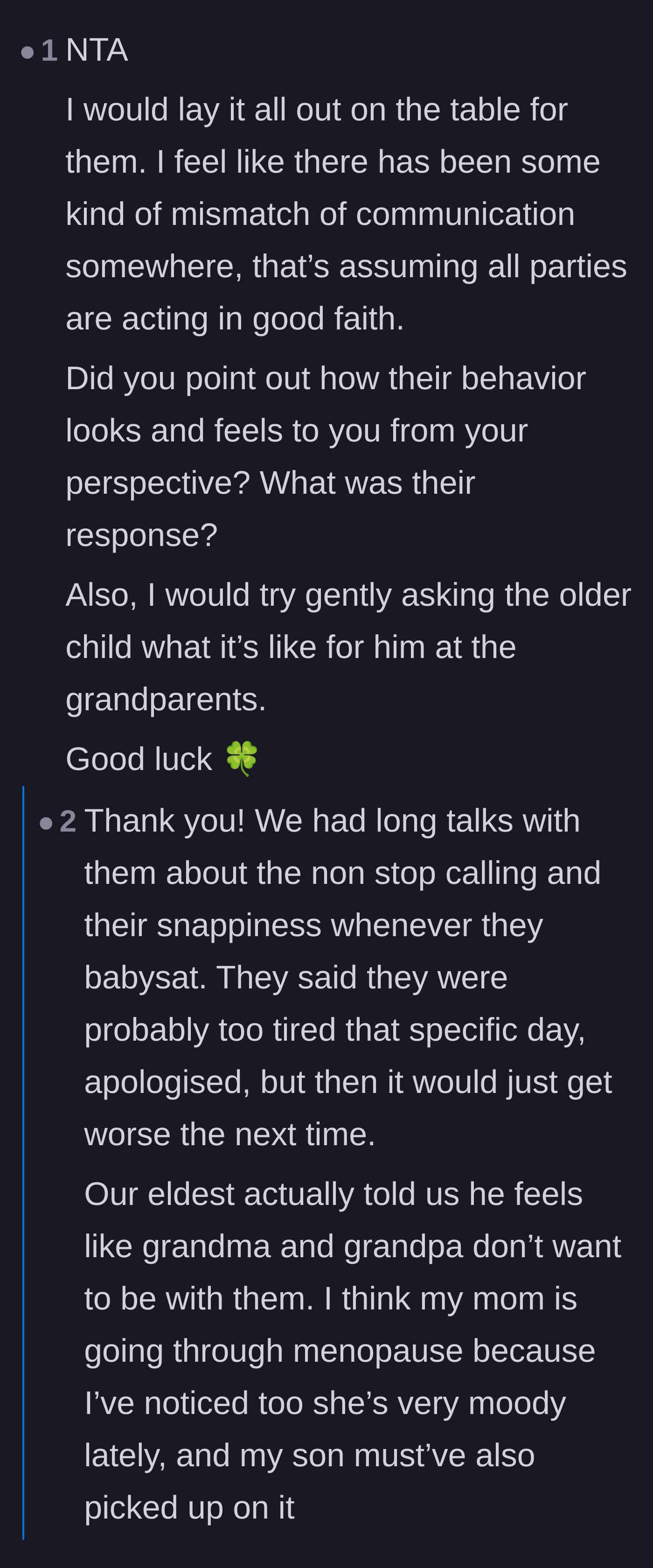 Comment thread 1 - A user suggests talking to the oldest child, and the mother reveals her son feels unwanted by the grandparents.