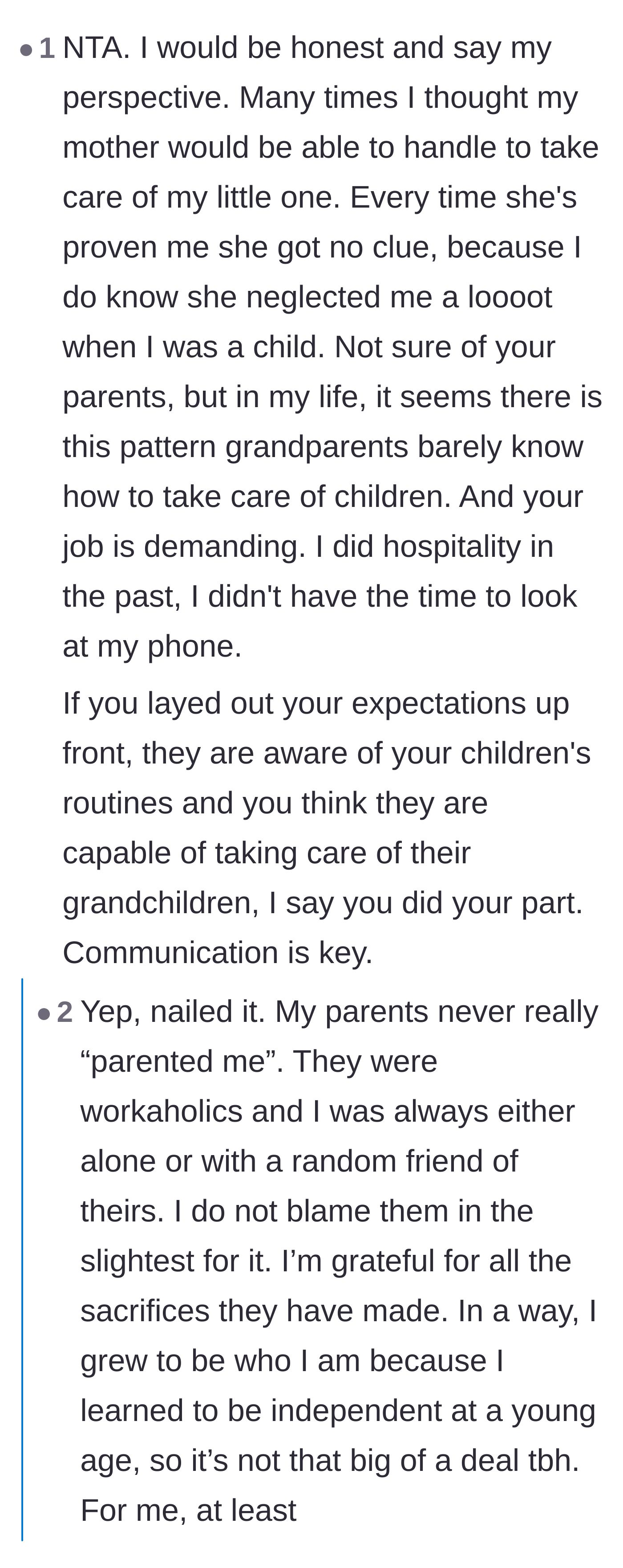 Comment thread 2 - A discussion about how the grandparents' hands-off past parenting styles reflect their current babysitting struggles.