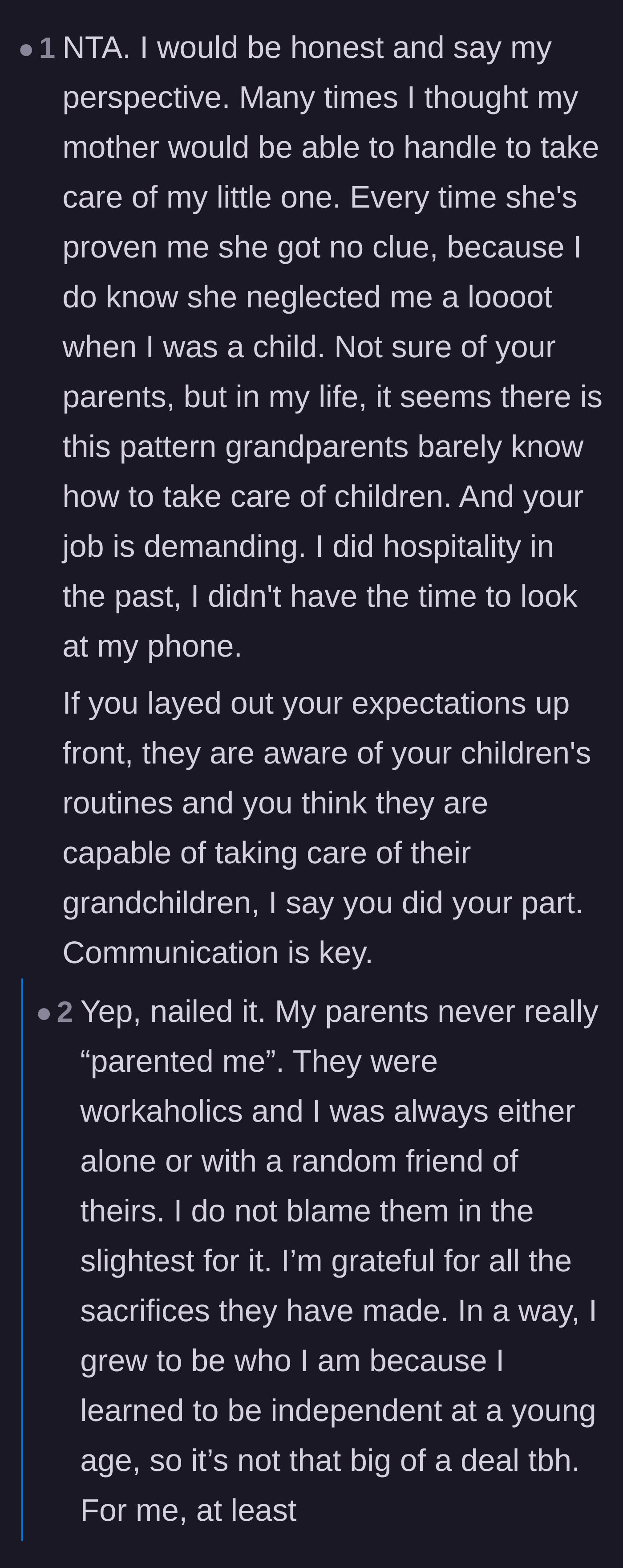 Comment thread 2 - A discussion about how the grandparents' hands-off past parenting styles reflect their current babysitting struggles.