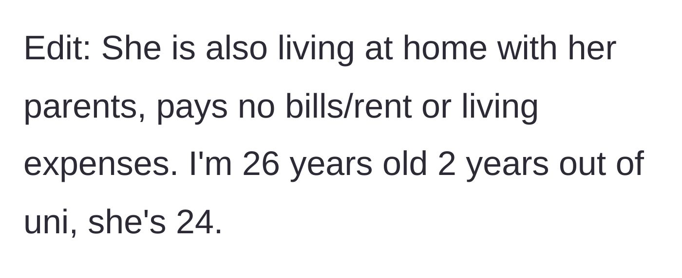 Story part 7 - The final context drop revealing both partners live rent-free with their parents.