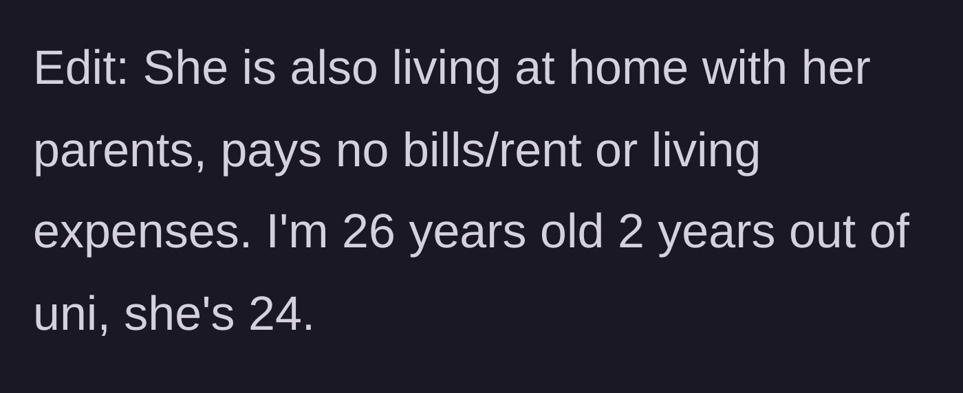 Story part 7 - The final context drop revealing both partners live rent-free with their parents.