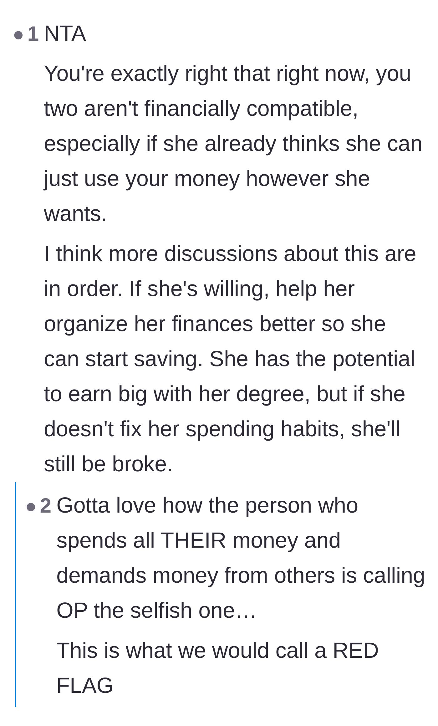 Comment thread 1 - Readers discussing the irony of the girlfriend calling the boyfriend selfish while demanding his money.