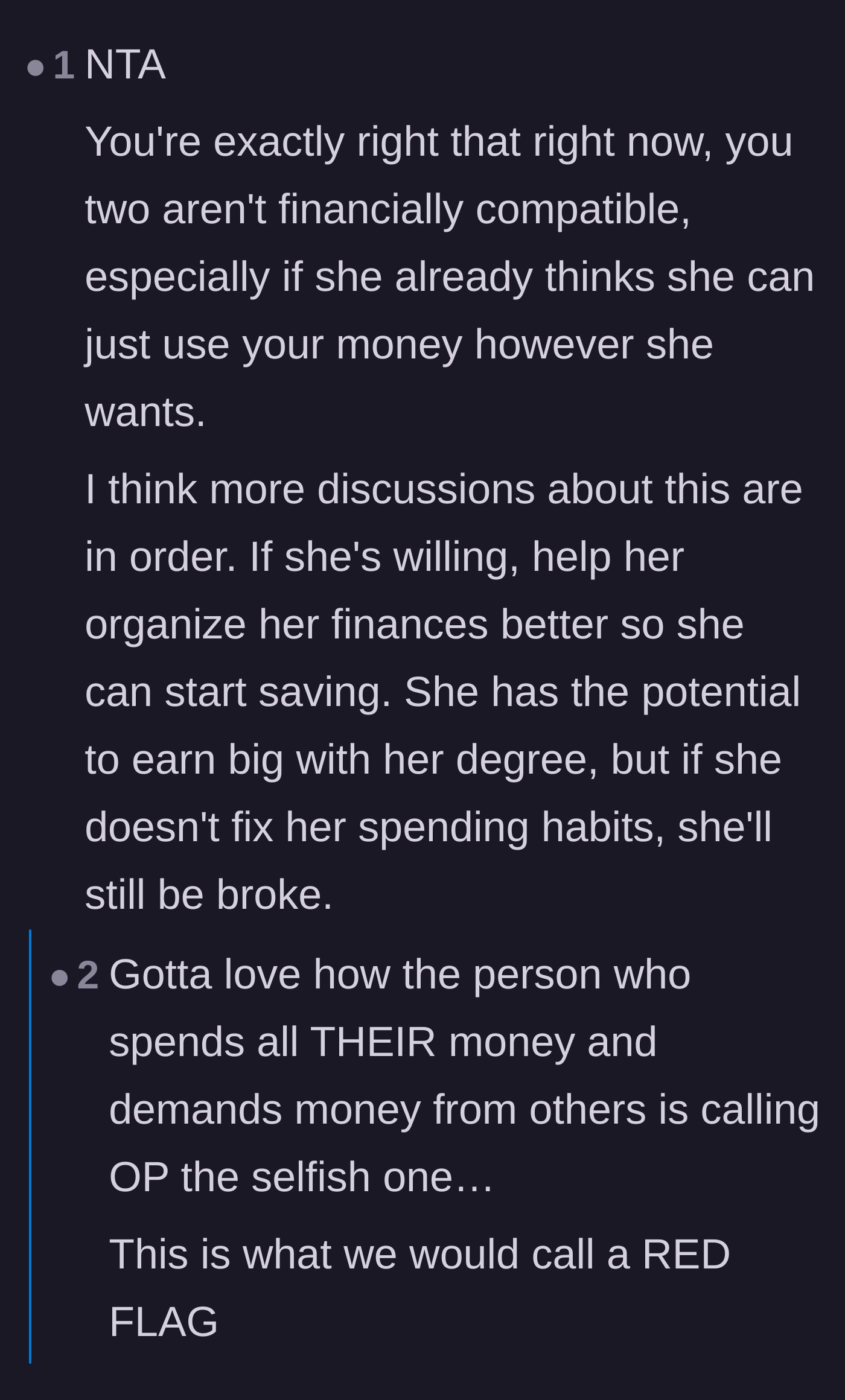 Comment thread 1 - Readers discussing the irony of the girlfriend calling the boyfriend selfish while demanding his money.