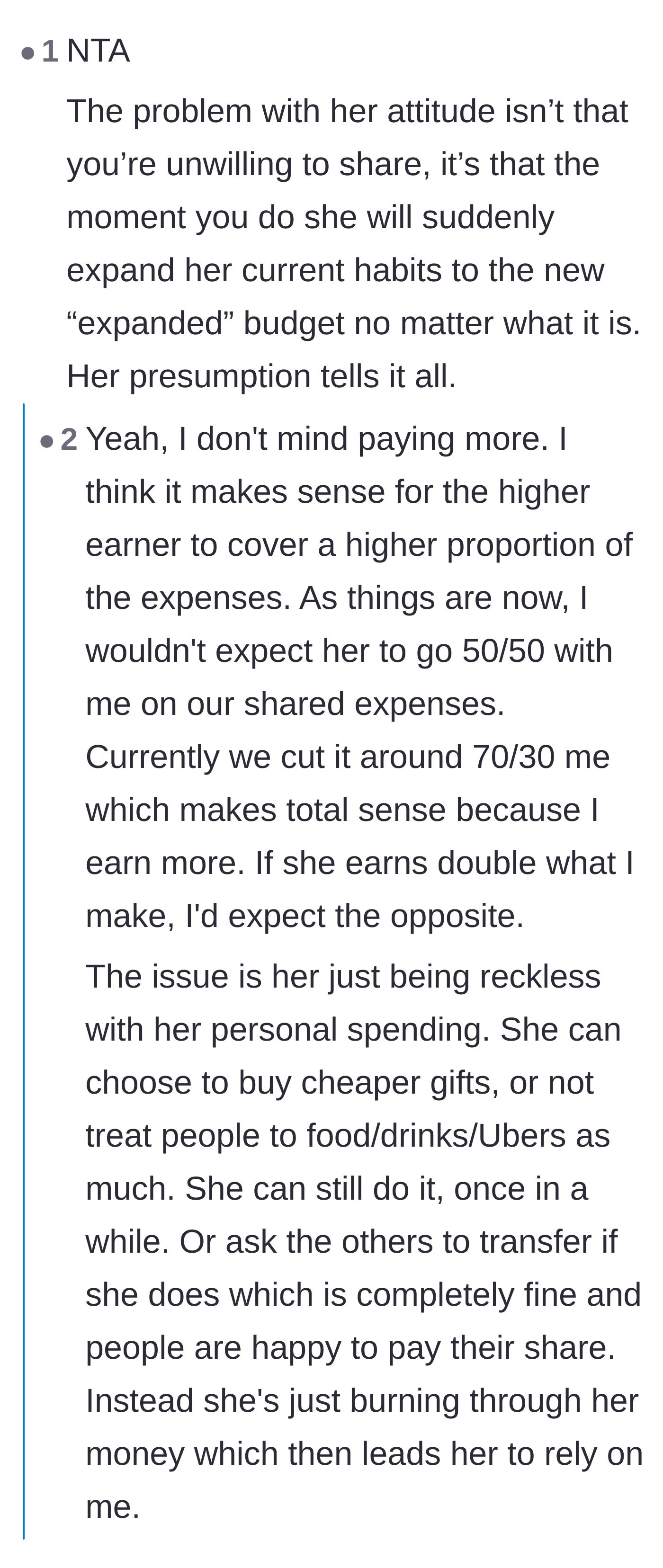 Comment thread 2 - A discussion about how the girlfriend's spending will just expand to consume any extra money he provides.