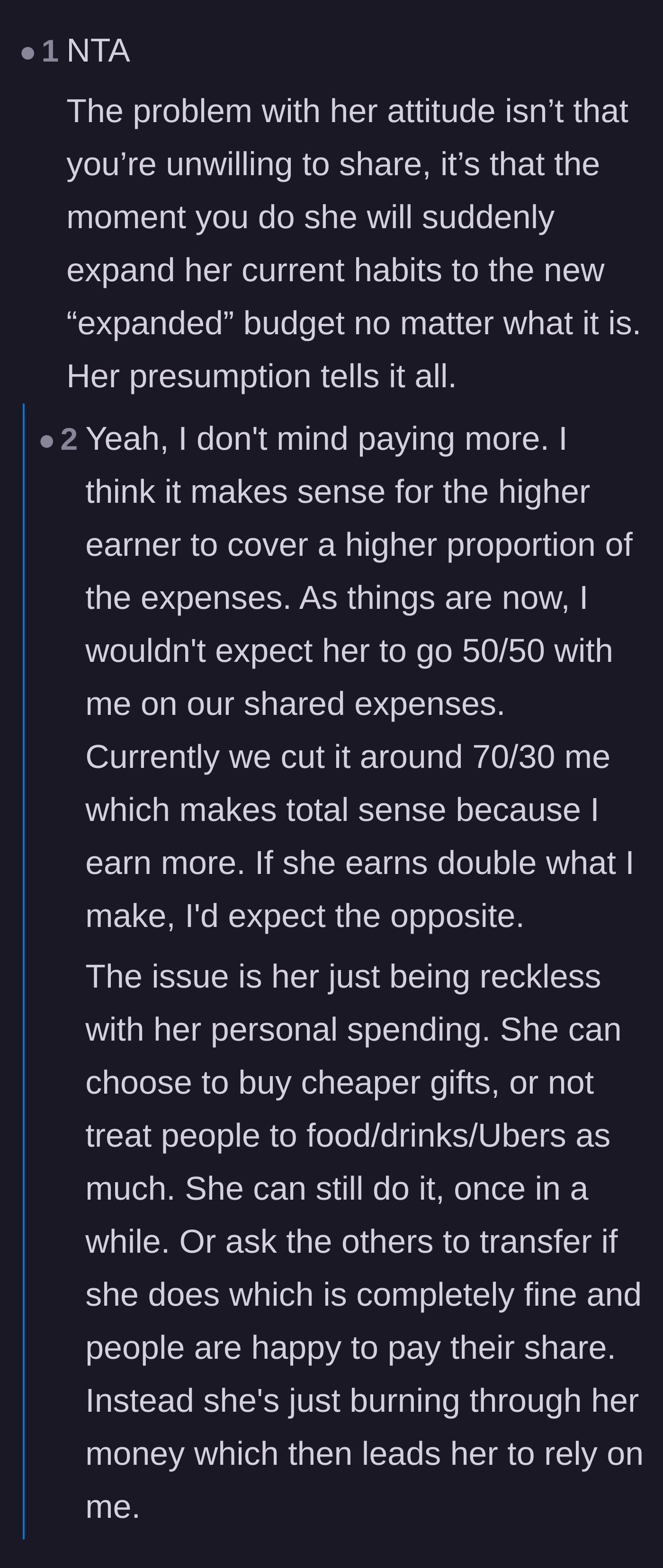 Comment thread 2 - A discussion about how the girlfriend's spending will just expand to consume any extra money he provides.