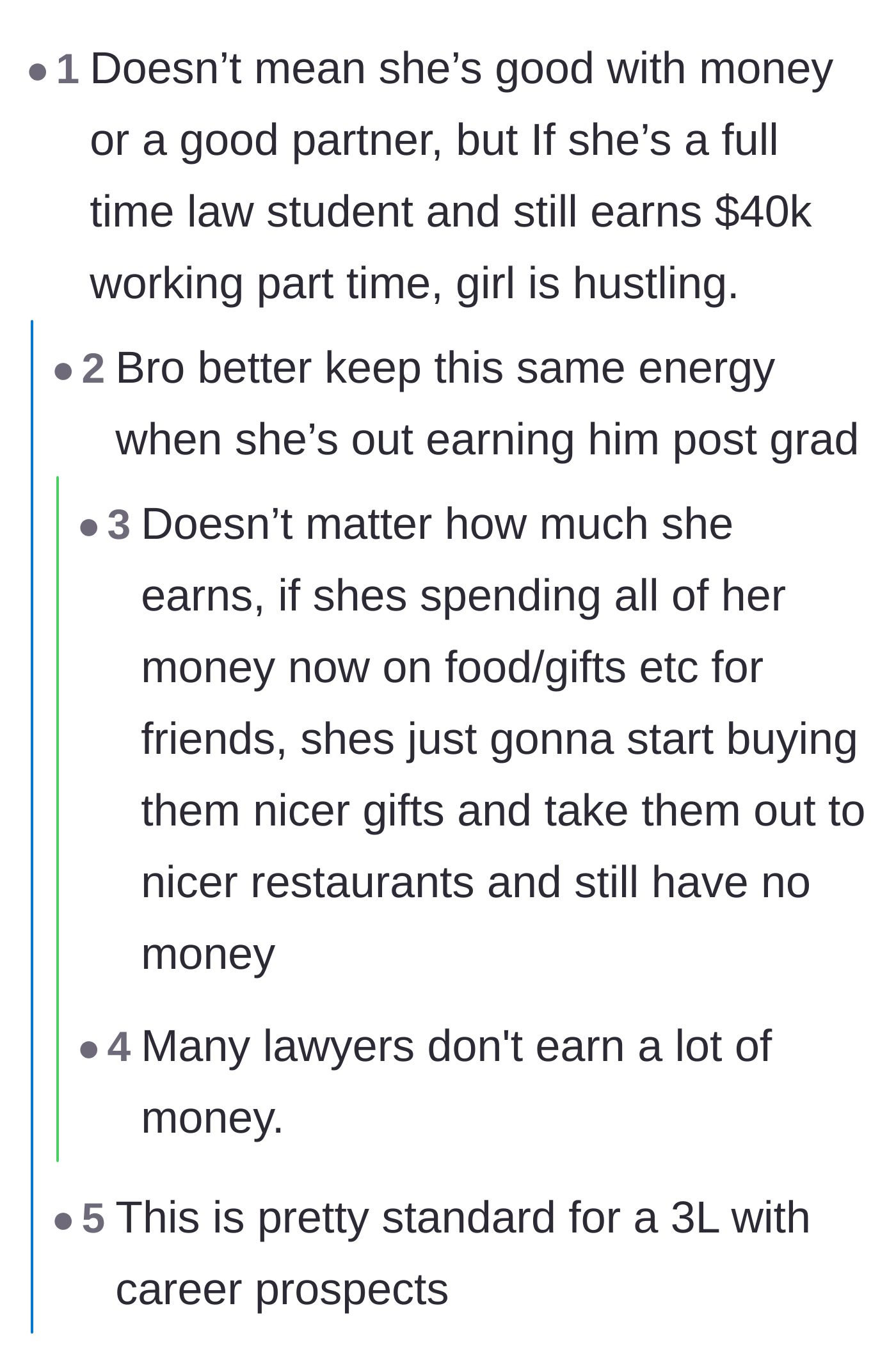 Comment thread 3 - Debate over whether the girlfriend's future high salary as a lawyer will fix her current bad spending habits.