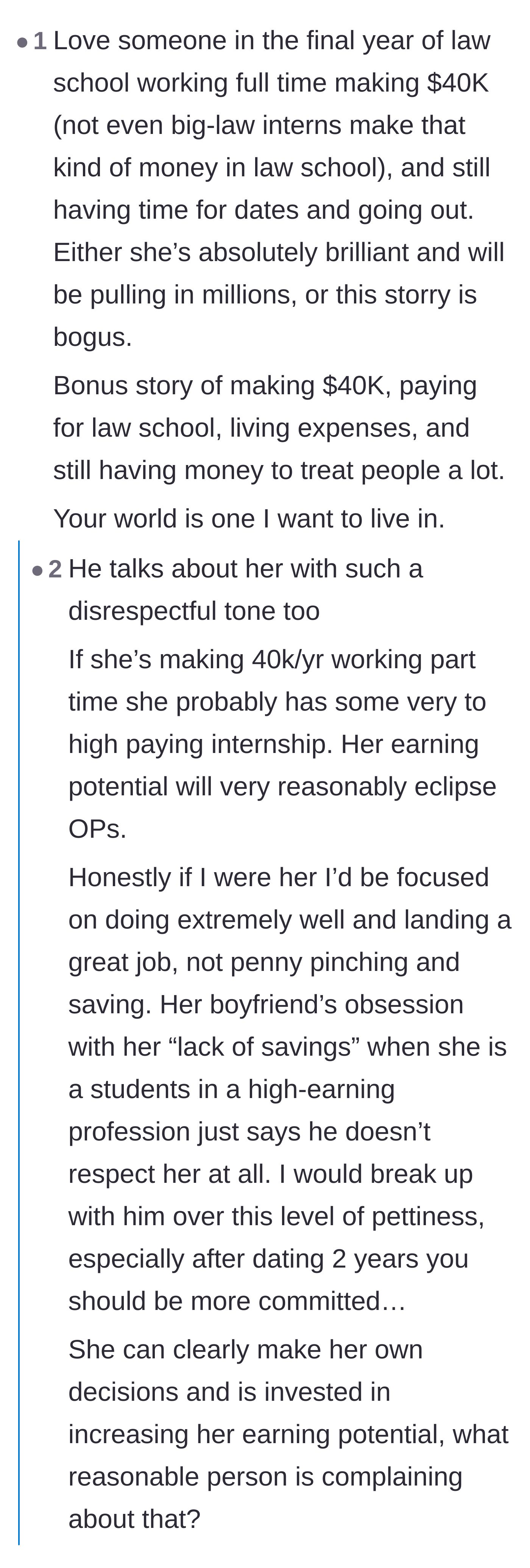 Comment thread 5 - Skeptical comments questioning the math and defending the girlfriend's focus on her career over penny-pinching.