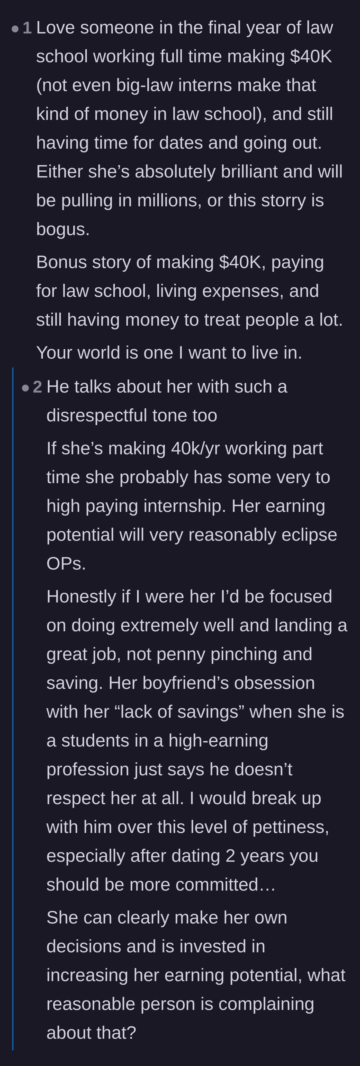 Comment thread 5 - Skeptical comments questioning the math and defending the girlfriend's focus on her career over penny-pinching.
